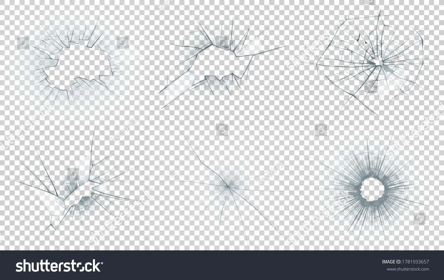 SVG of Broken glass. Set of vector illustrations with transparent background. Cracked surface contour for shattering effect. Broken objects and holes. Cracked and destroyed backgrounds for texture mapping. svg