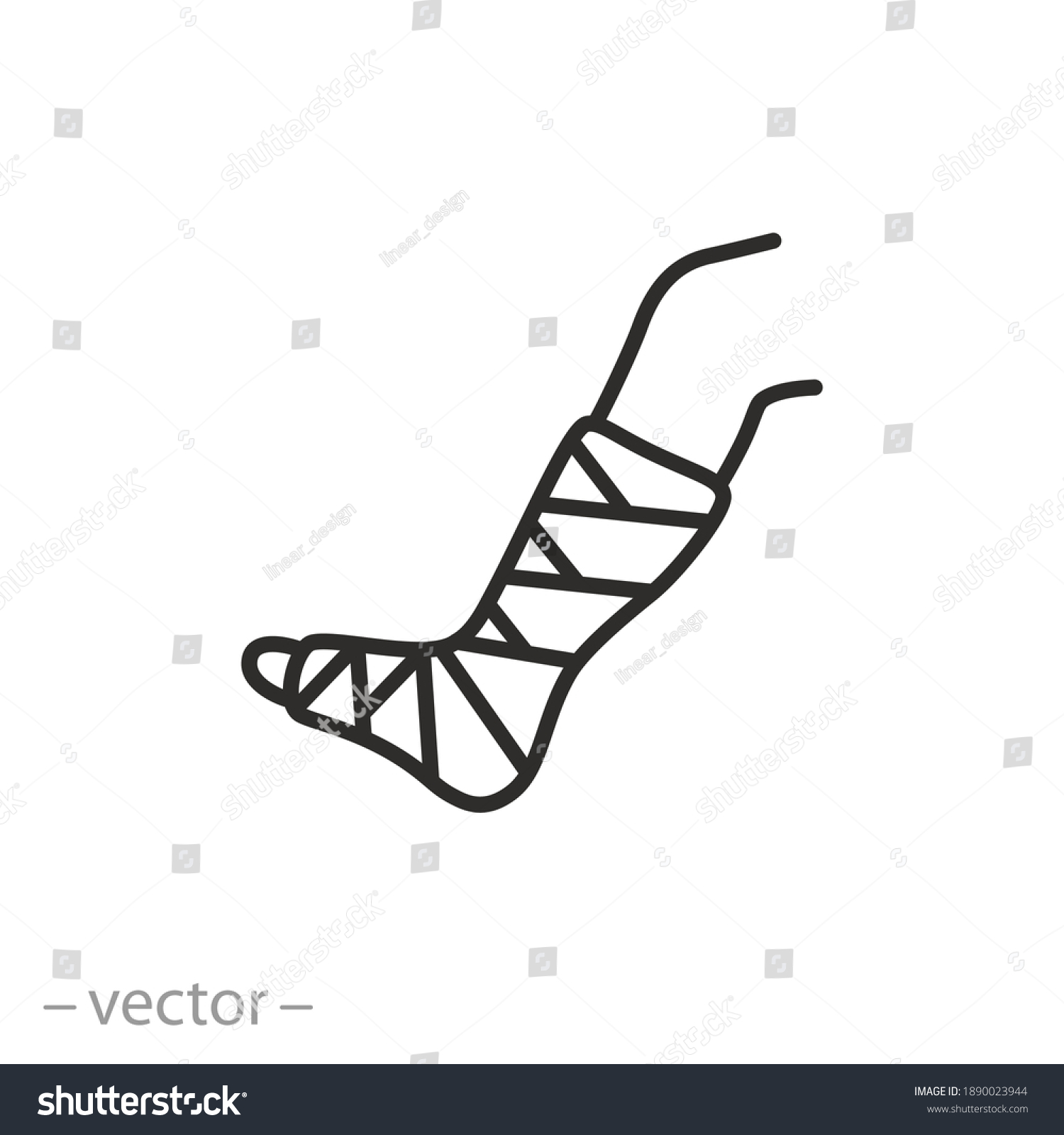 SVG of broken leg in a plaster icon, injured foot in a cast bandage, orthopedic gypsum, injury bone, thin line symbol on white background - editable stroke vector illustration eps 10 svg