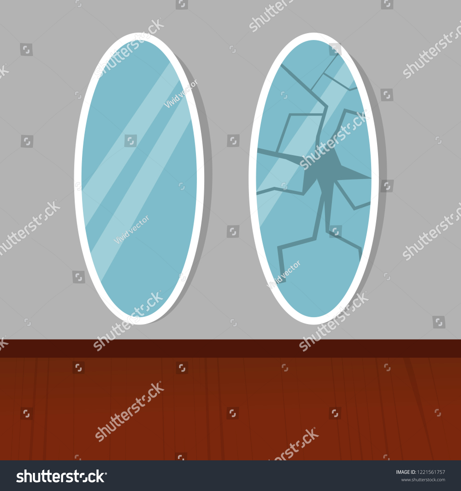 SVG of Broken mirror in the interior. Superstition illustration. New and damaged mirror set. Beaten miror icon isolated. Cartoon damaged mirror concept. Eps 10 svg