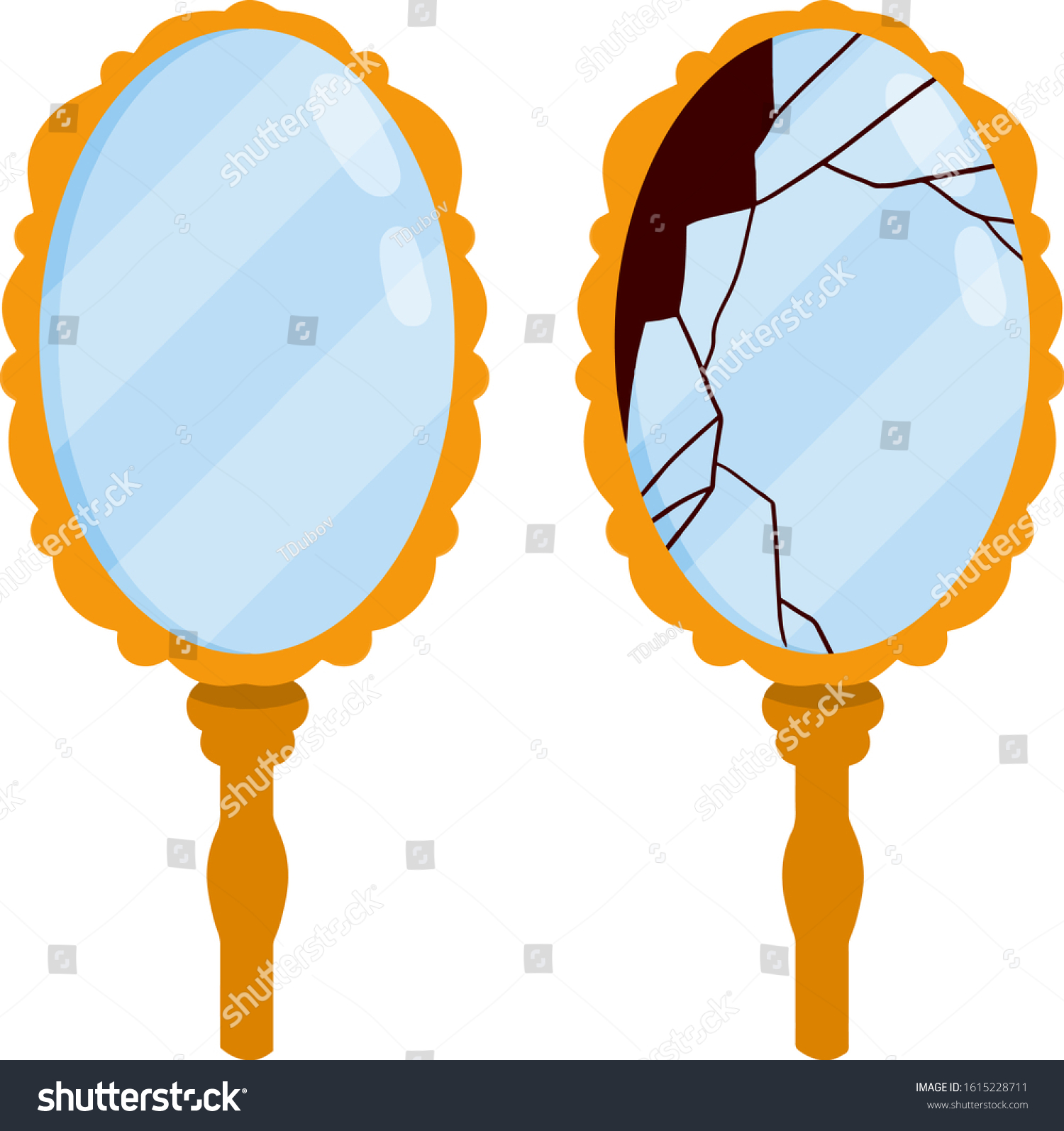 SVG of Broken mirror. Oval glass in a gold frame. Beauty and care. Vintage object. Cartoon flat illustration svg
