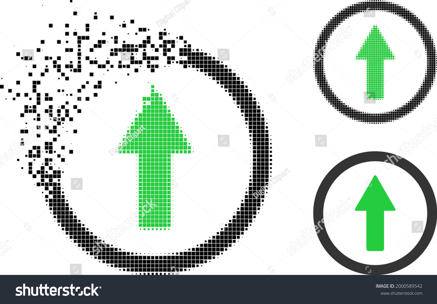 SVG of Broken pixelated rounded up arrow pictogram with halftone version. Vector wind effect for rounded up arrow symbol. svg