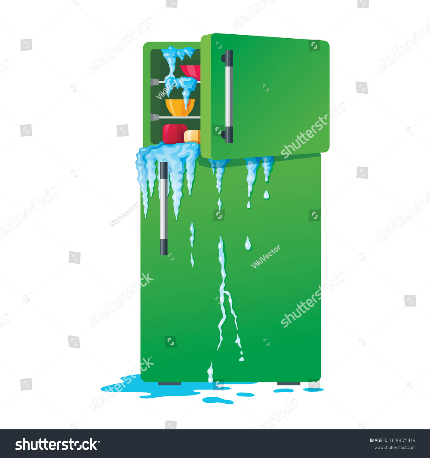 SVG of Broken refrigerator with opened freezer, melting ice and dripping water. Damaged fridge, old kitchen appliance with leakage or crash of defrosting system, Flat cartoon colorful vector illustration. svg