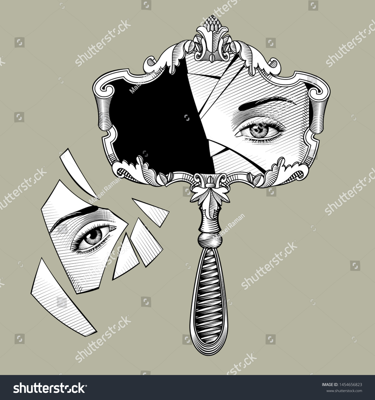 SVG of Broken retro mirror with a decorative frame and handle and eye reflection in the shards. Vintage engraving stylized drawing. Vector Illustration svg