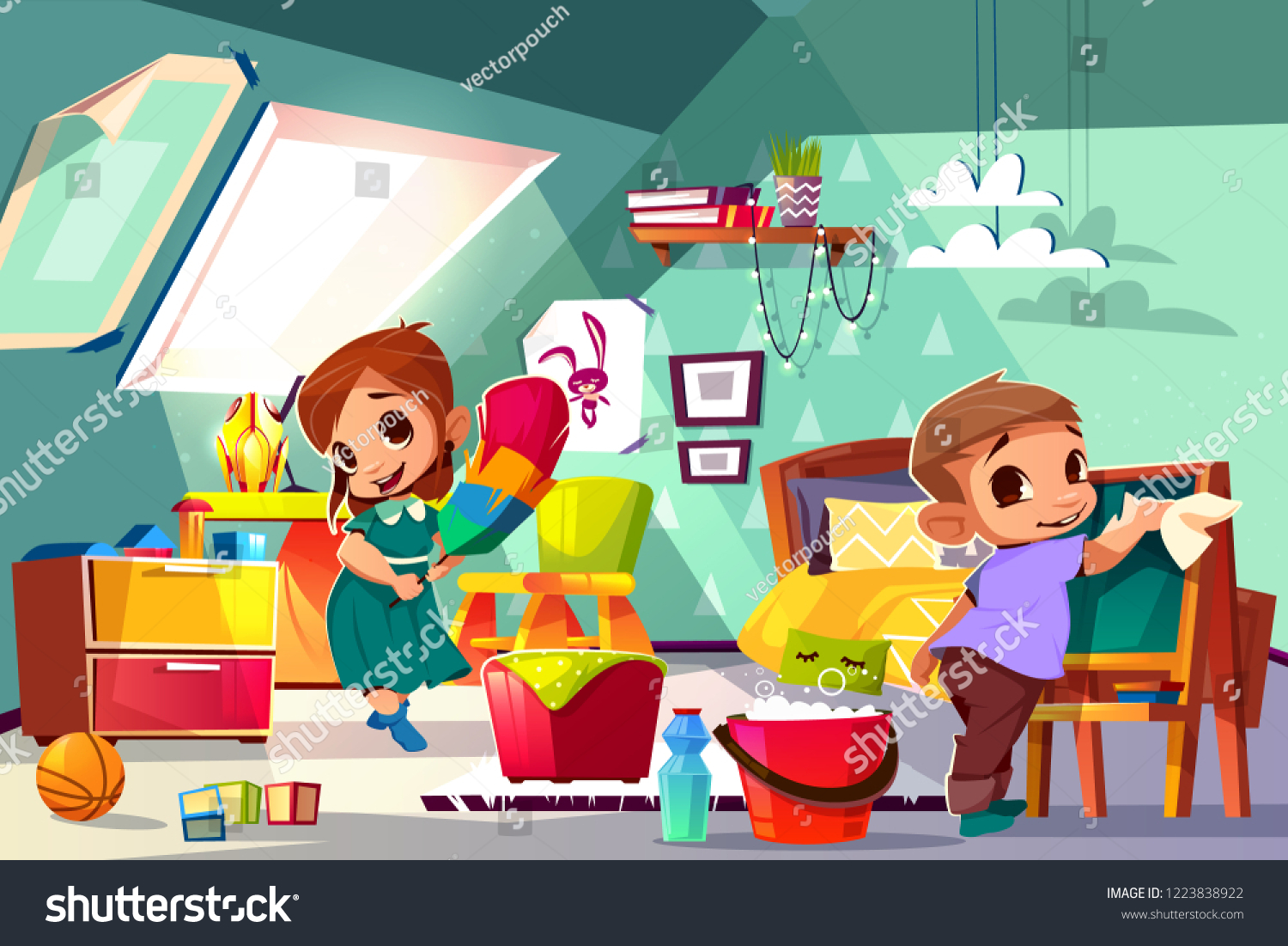 Brother Sister Cleaning Kids Bedroom Cartoon 库存矢量图 免版税