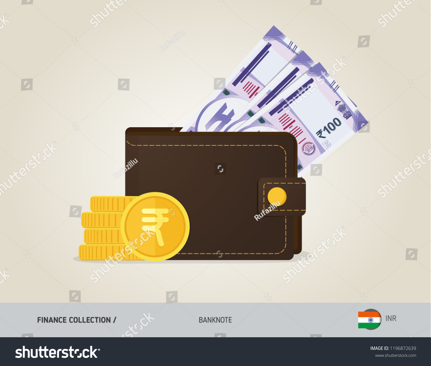 SVG of Brown leather wallet with 100 Indian Rupee Banknote and coins. Flat style vector illustration. Business concept. svg