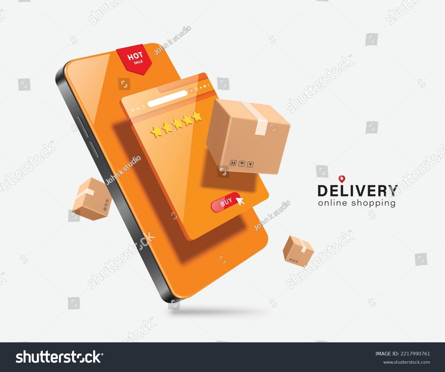 SVG of Brown parcel box or cardboard box display and floats out of web browser that is an online shopping platform on smartphone,vector 3d isolated for transport,logistics and online shopping concept design svg
