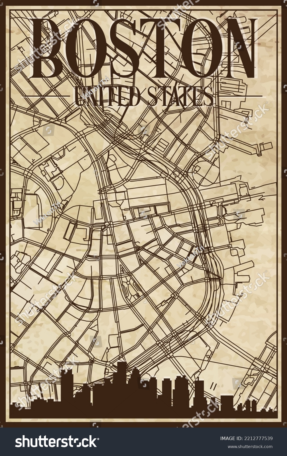 SVG of Brown vintage hand-drawn printout streets network map of the downtown BOSTON, UNITED STATES OF AMERICA with brown 3D city skyline and lettering svg