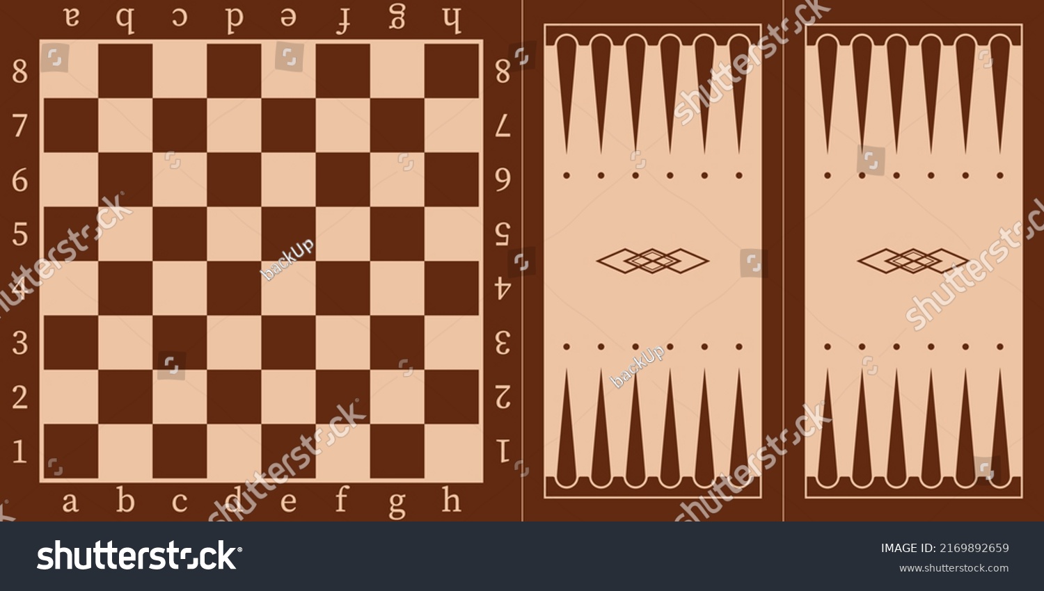 SVG of Brown wooden chessboard and backgammon board for playing with chips and dice, top view vector illustration. Abstract pattern for tabletop, vintage empty checkerboard for strategy games background svg