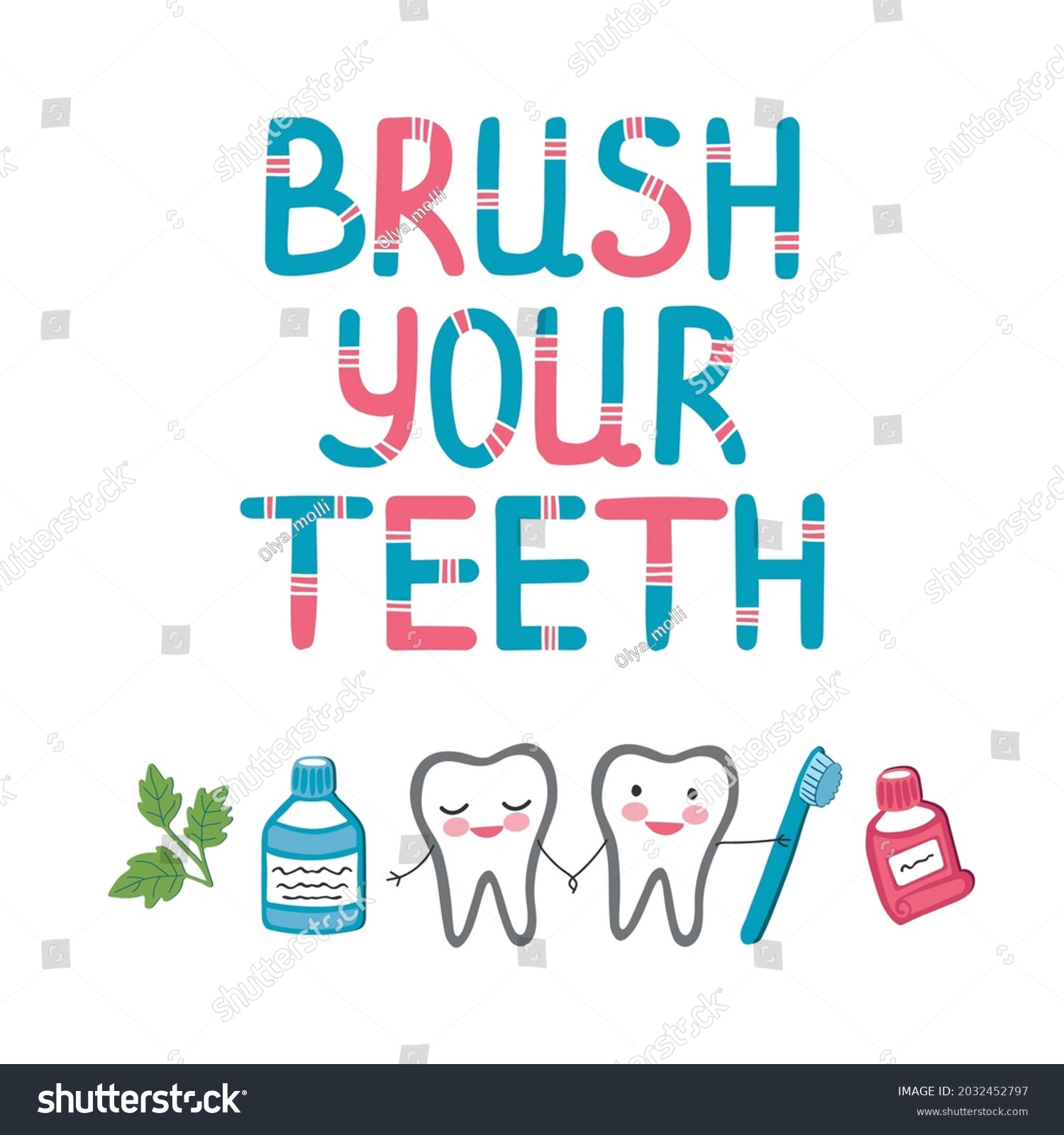Brush Your Teeth Poster Cute Smiling Stock Vector (Royalty Free