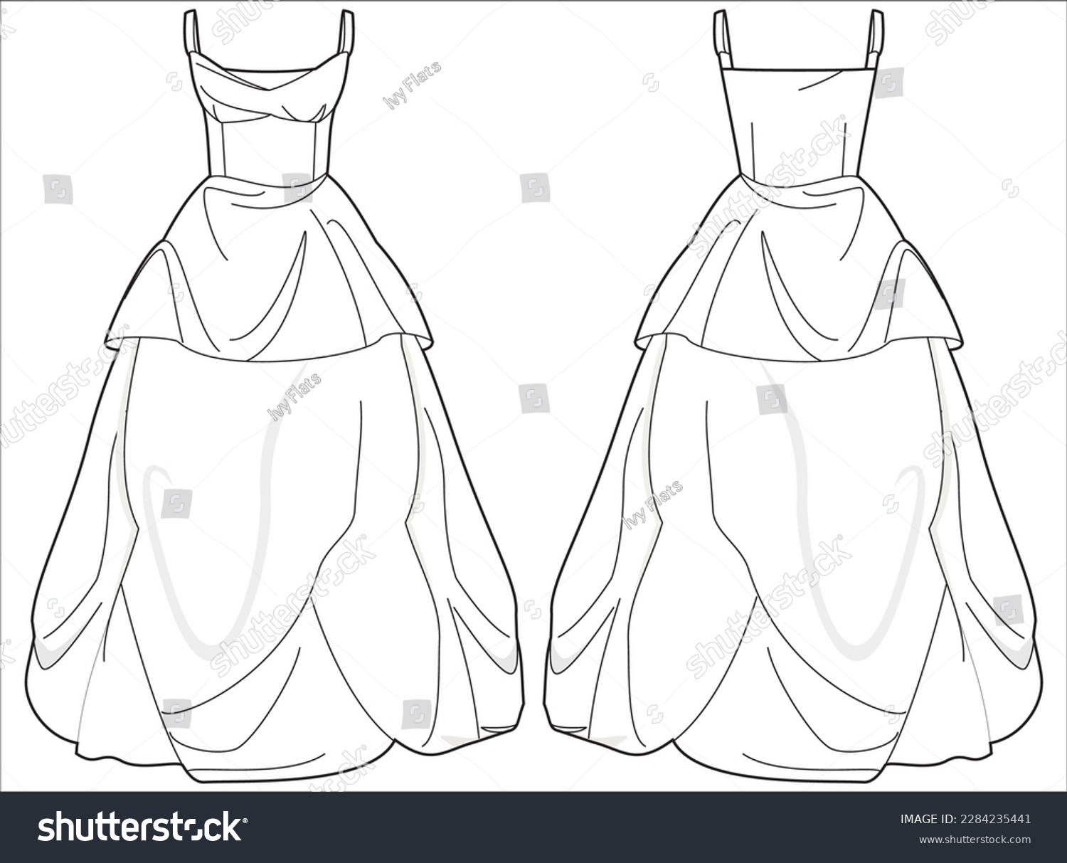 SVG of Bubble ball gown wedding dress design flat sketch fashion illustration with front and back view, Spaghetti Strapped draped bridal dress flat sketch cad drawing template svg