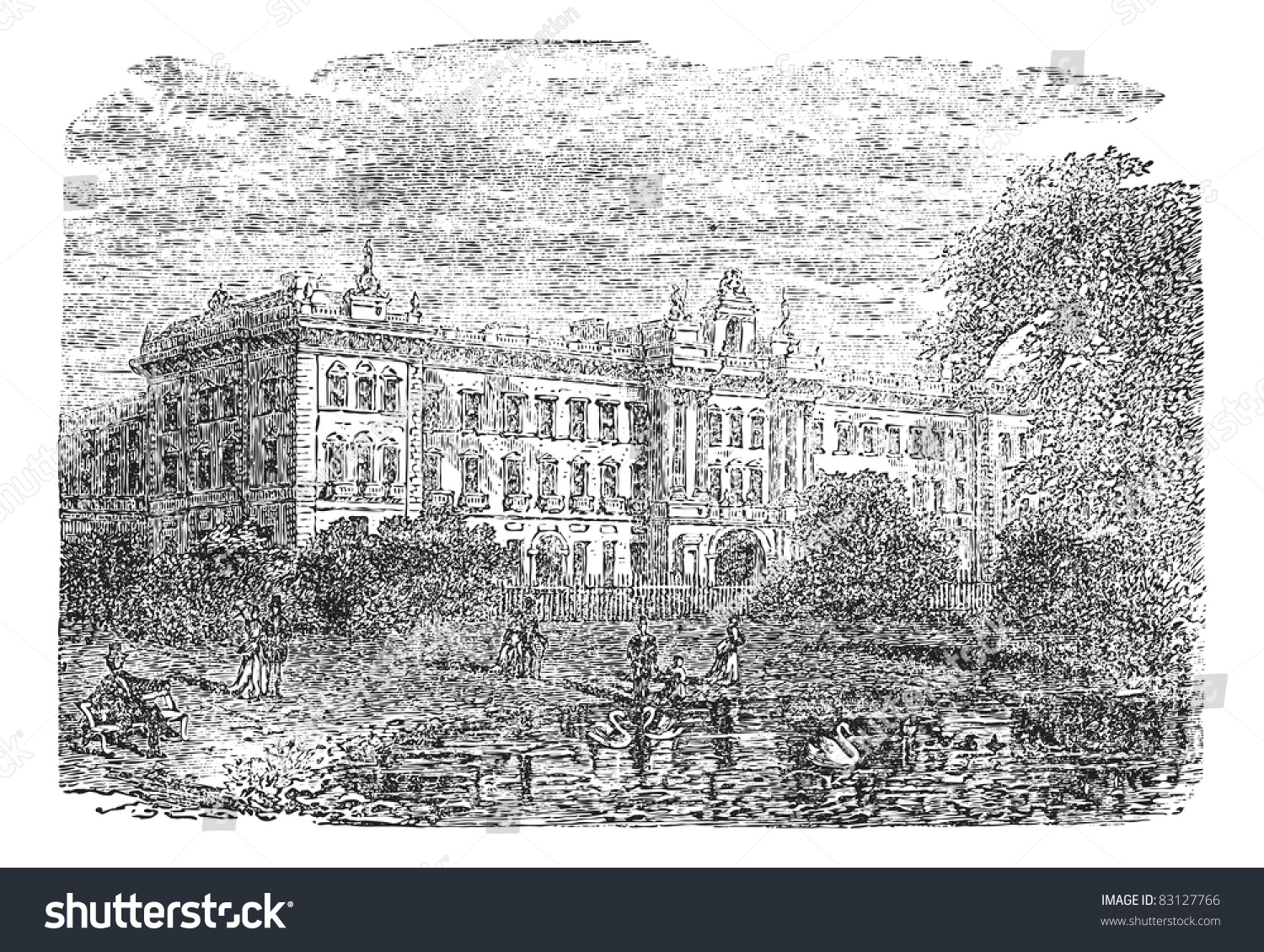 SVG of Buckingham Palace or Buckingham House in London, England, during the 1890s, vintage engraving. Illustration of Buckingham Palace with lake and people in front. Trousset encyclopedia (1886 - 1891). svg