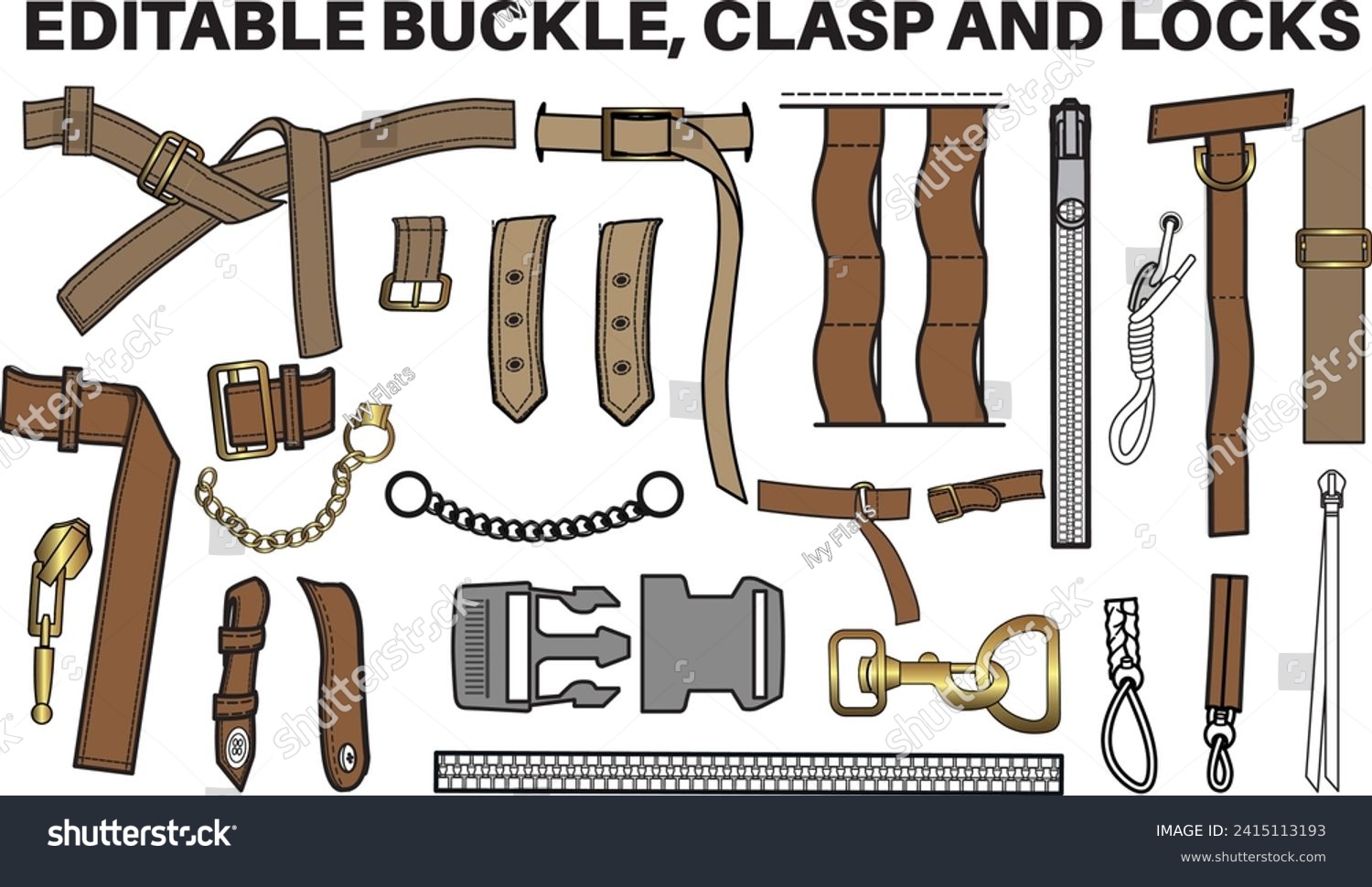 SVG of Buckles, Sliders and clasps flat sketch vector illustration set, different types bag accessories, locks and buckles for back packs, climbing equipment, garments dress fasteners and Clothing belt svg