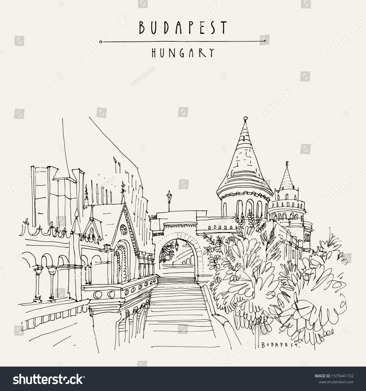 SVG of Budapest, Hungary, Europe.  Fisherman's Bastion (Halaszbastya) in Buda Castle on Buda Hill. Neo-Romanesque architectural style. Hand drawing. Travel sketch. Vintage touristic postcard, poster. Vector svg