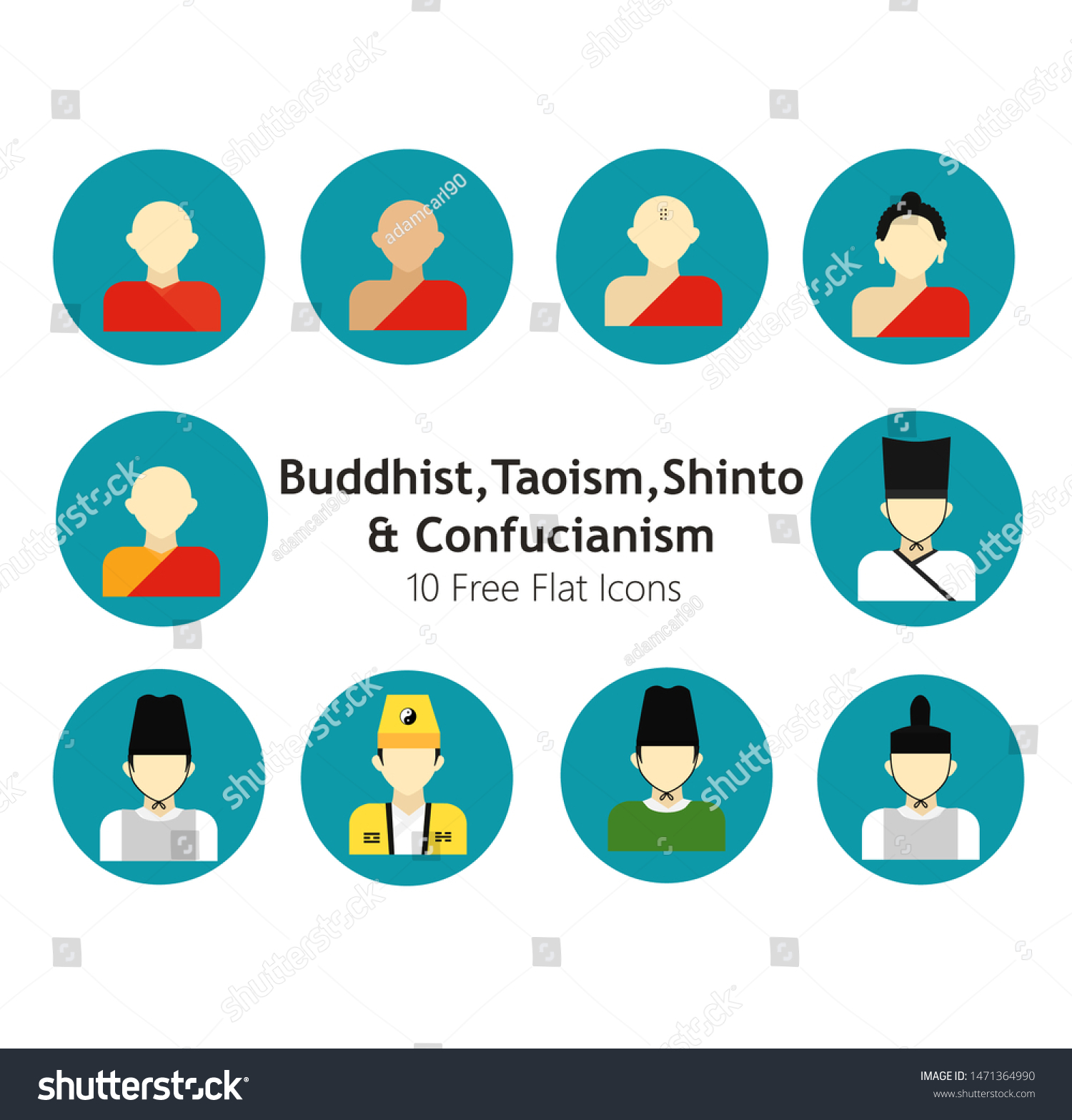 Buddhist Taoism Shinto Confucianism Icons Set Stock Vector