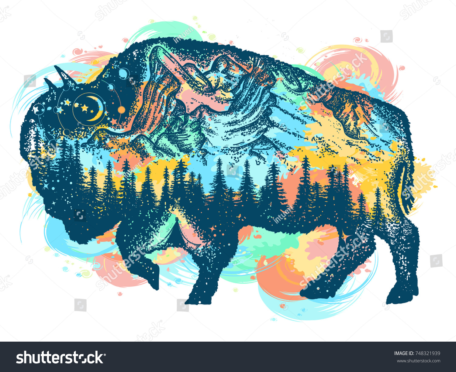 Bison Color Tattoo Art Mountain Vector (Royalty 748321939