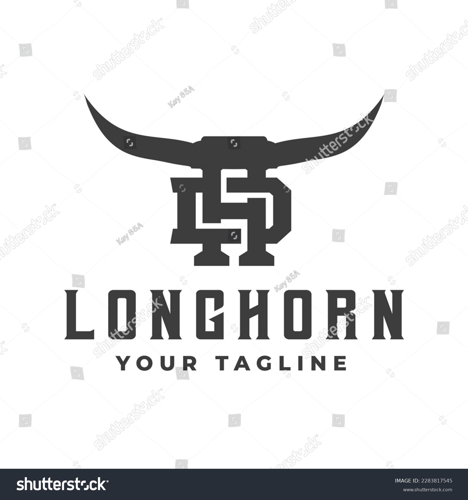 SVG of Buffalo Head Horn, Bull, cow, vintage Texas restaurant longhorn logo. letter D.H. Vintage farm company logo svg