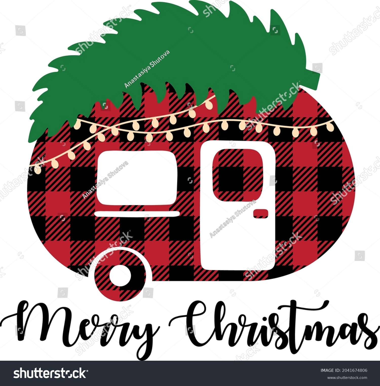 SVG of Buffalo plaid Christmas camp car Svg cut file. Merry Christmas vector illustration isolated on white background. Perfect for shirts, cards, mugs and so on. Christmas camper with tree and garland svg