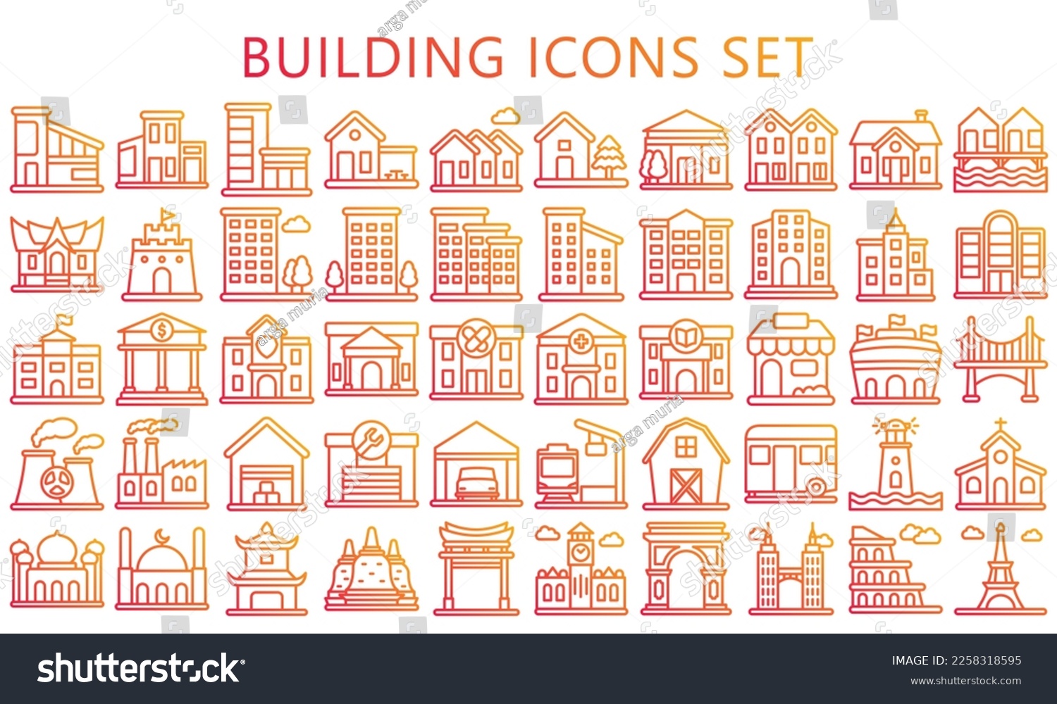 SVG of building and landmark gradient outline icons set. contain such as apartment, condominium, house, school and more. Vector EPS 10 ready convert to SVG. use for modern concept, UI or UX kit, web and app. svg