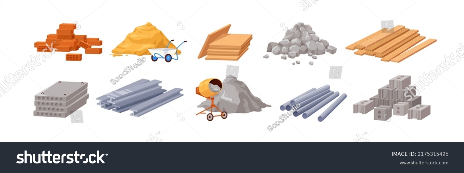 SVG of Building materials set. Bricks, cement, sand, stones, concrete, metal pipes, wood panels, iron slabs, timber for house, road construction site. Flat vector illustrations isolated on white background svg