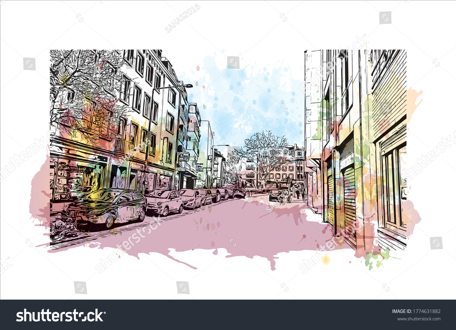 SVG of Building view with landmark of Aachen is a spa city near Germany’s borders with Belgium and the Netherlands. Watercolor splash with hand drawn sketch illustration in vector. svg