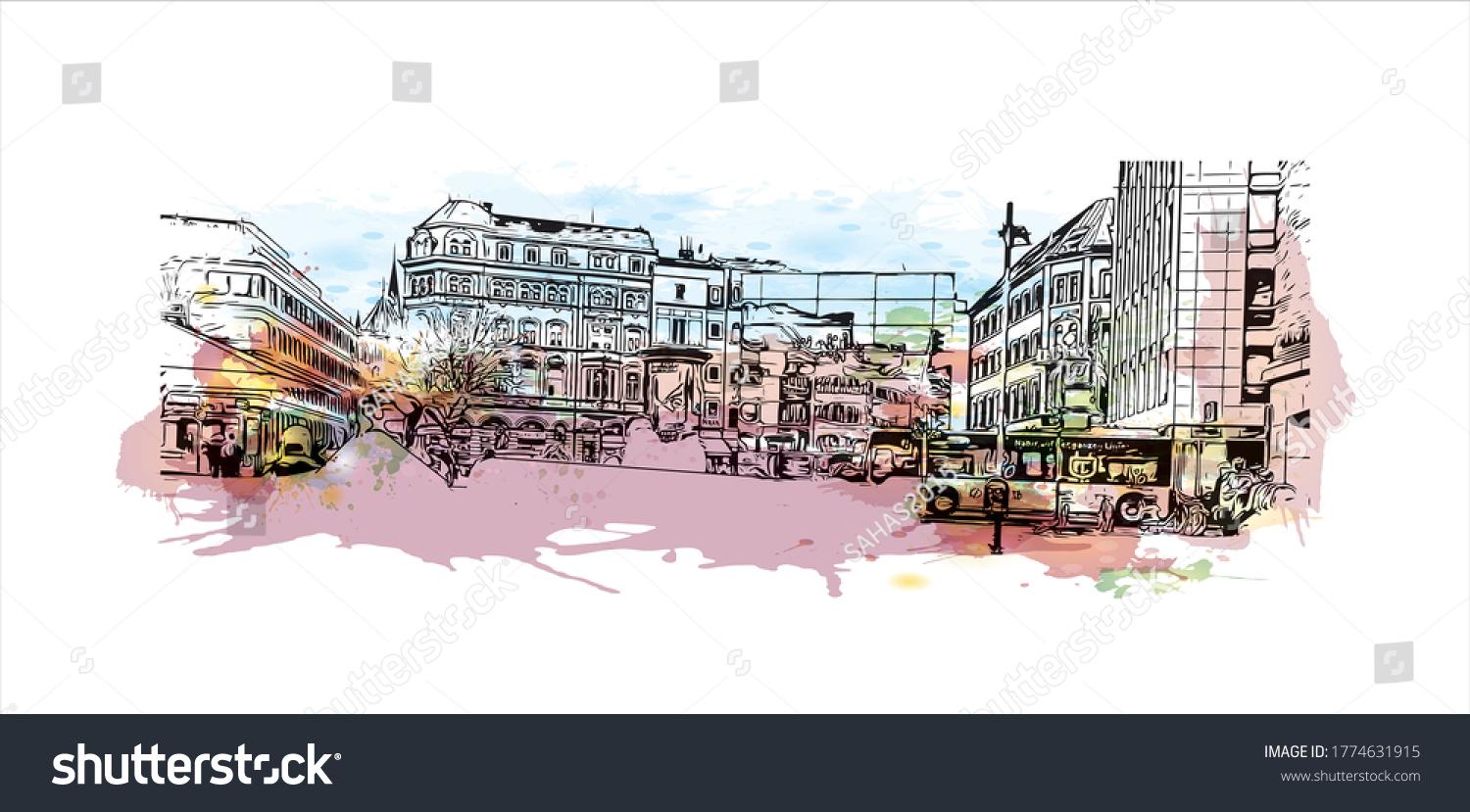 SVG of Building view with landmark of Aachen is a spa city near Germany’s borders with Belgium and the Netherlands. Watercolor splash with hand drawn sketch illustration in vector. svg