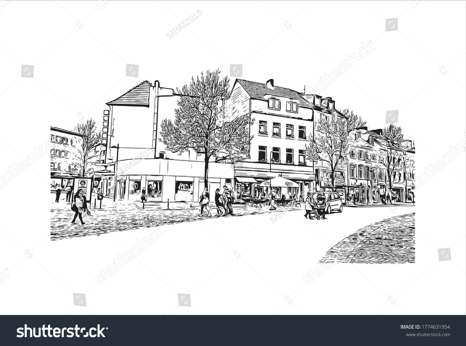 SVG of Building view with landmark of Aachen is a spa city near Germany’s borders with Belgium and the Netherlands. Hand drawn sketch illustration in vector. svg