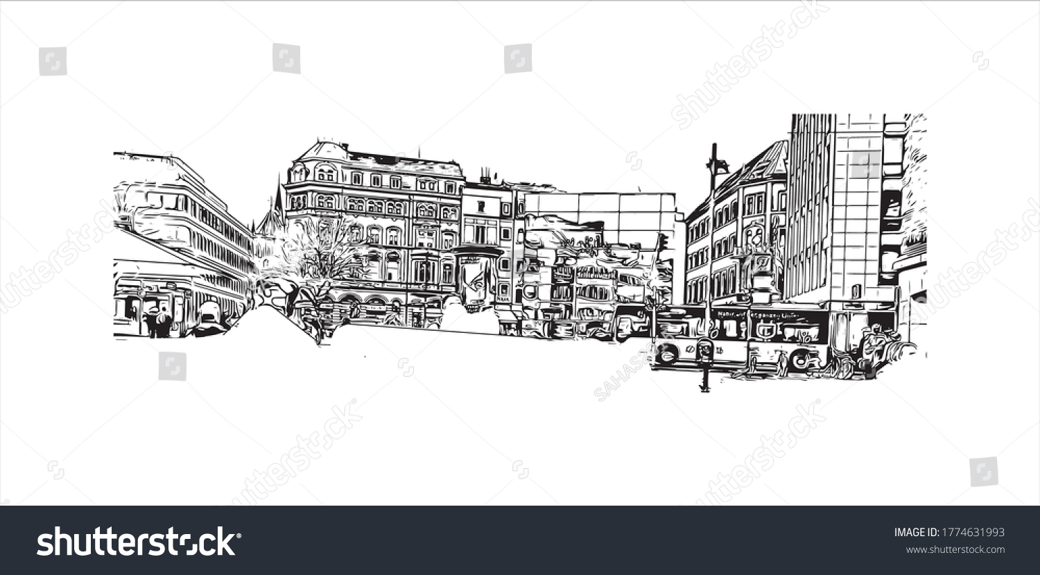 SVG of Building view with landmark of Aachen is a spa city near Germany’s borders with Belgium and the Netherlands. Hand drawn sketch illustration in vector. svg