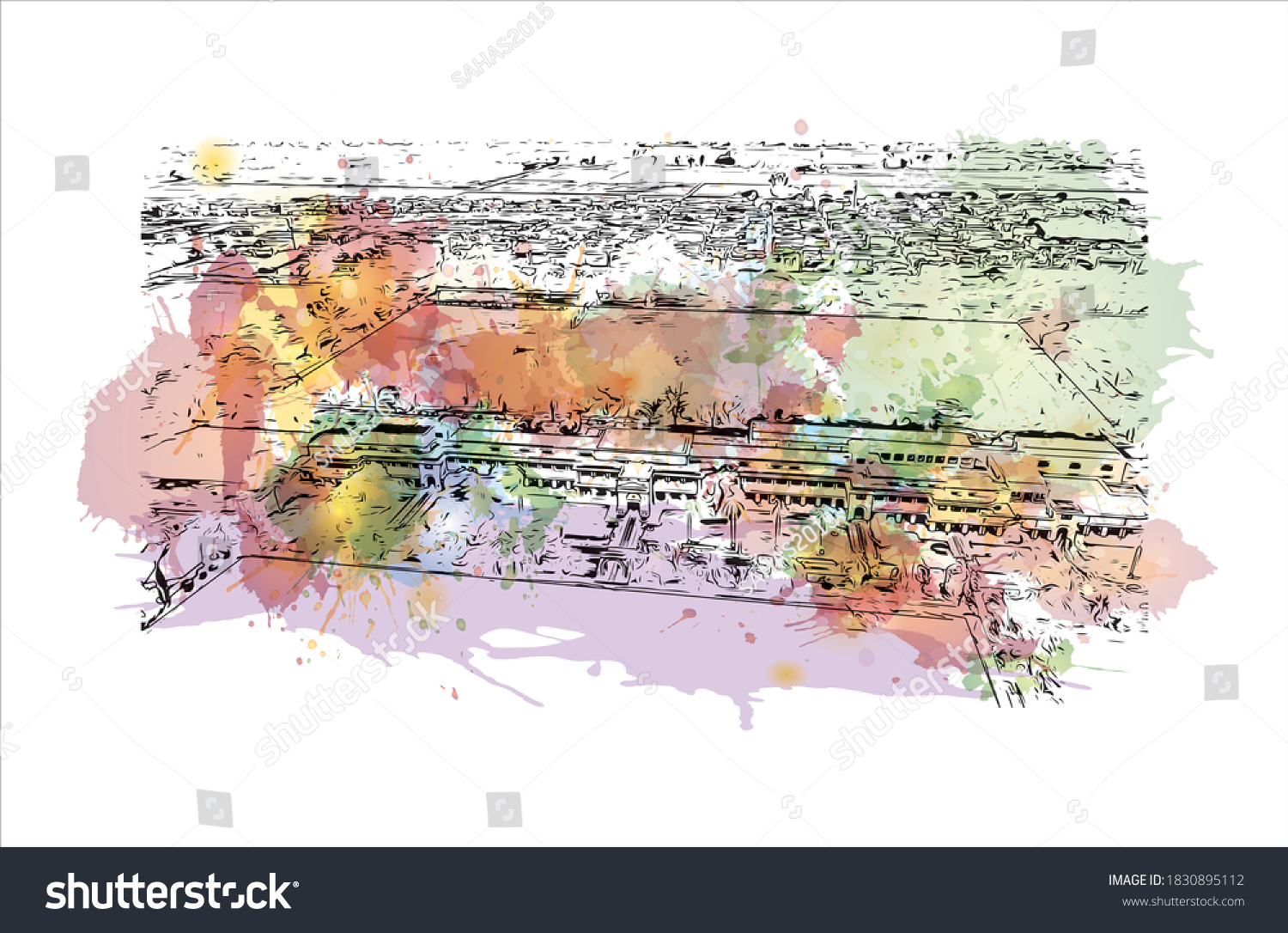 SVG of Building view with landmark of Bahawalpur is the largest city in Pakistan. Watercolor splash with hand drawn sketch illustration in vector. svg
