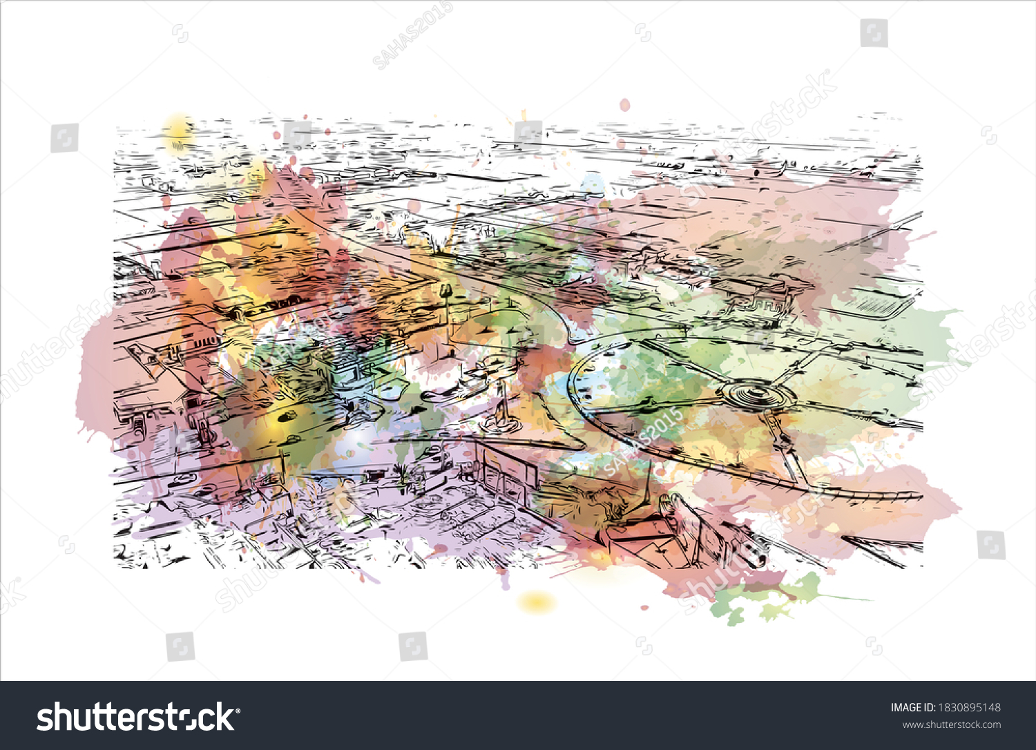 SVG of Building view with landmark of Bahawalpur is the largest city in Pakistan. Watercolor splash with hand drawn sketch illustration in vector. svg