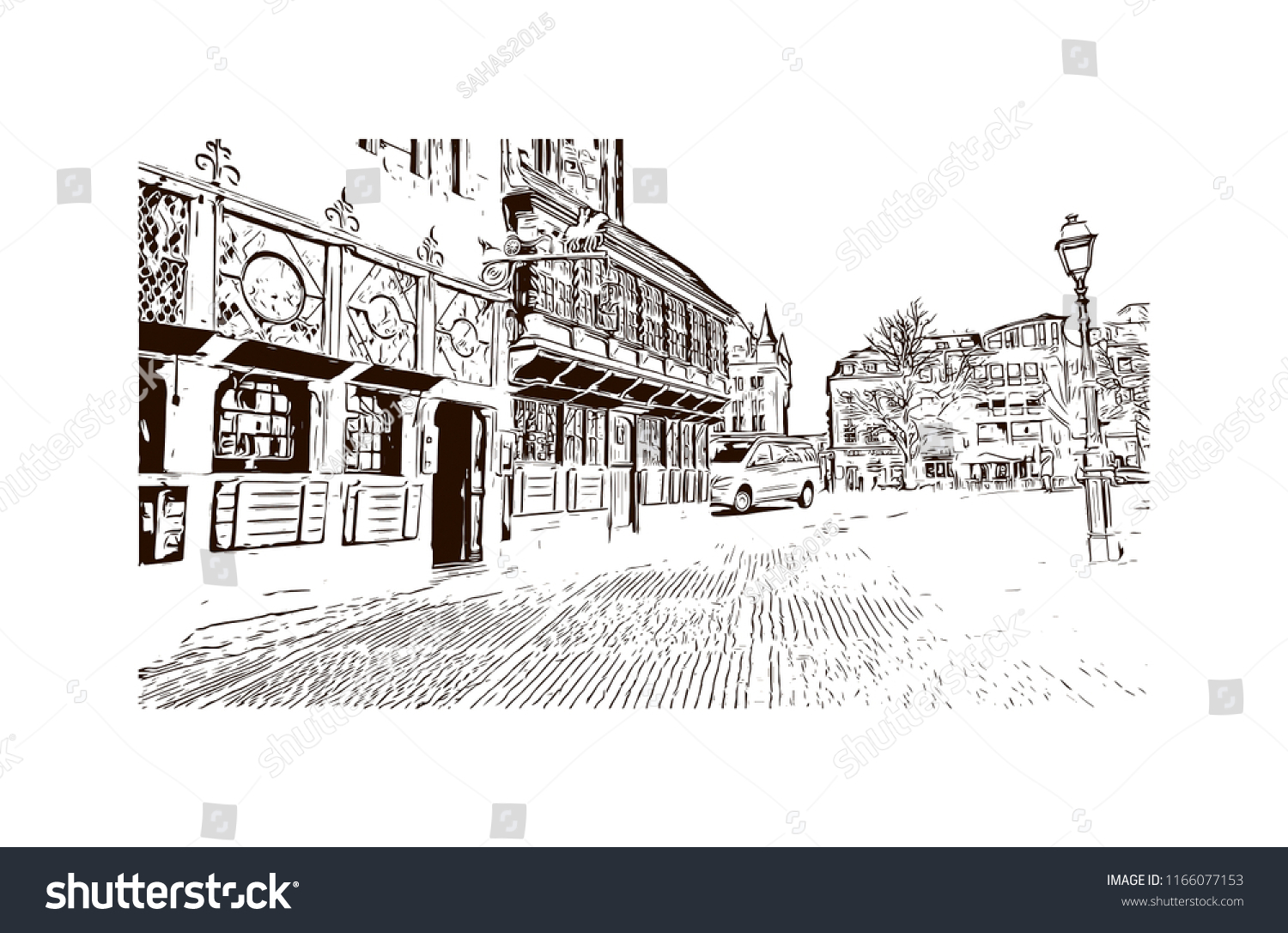 SVG of Building with landmark of Aachen City in Germany. Hand drawn sketch illustration in vector. svg