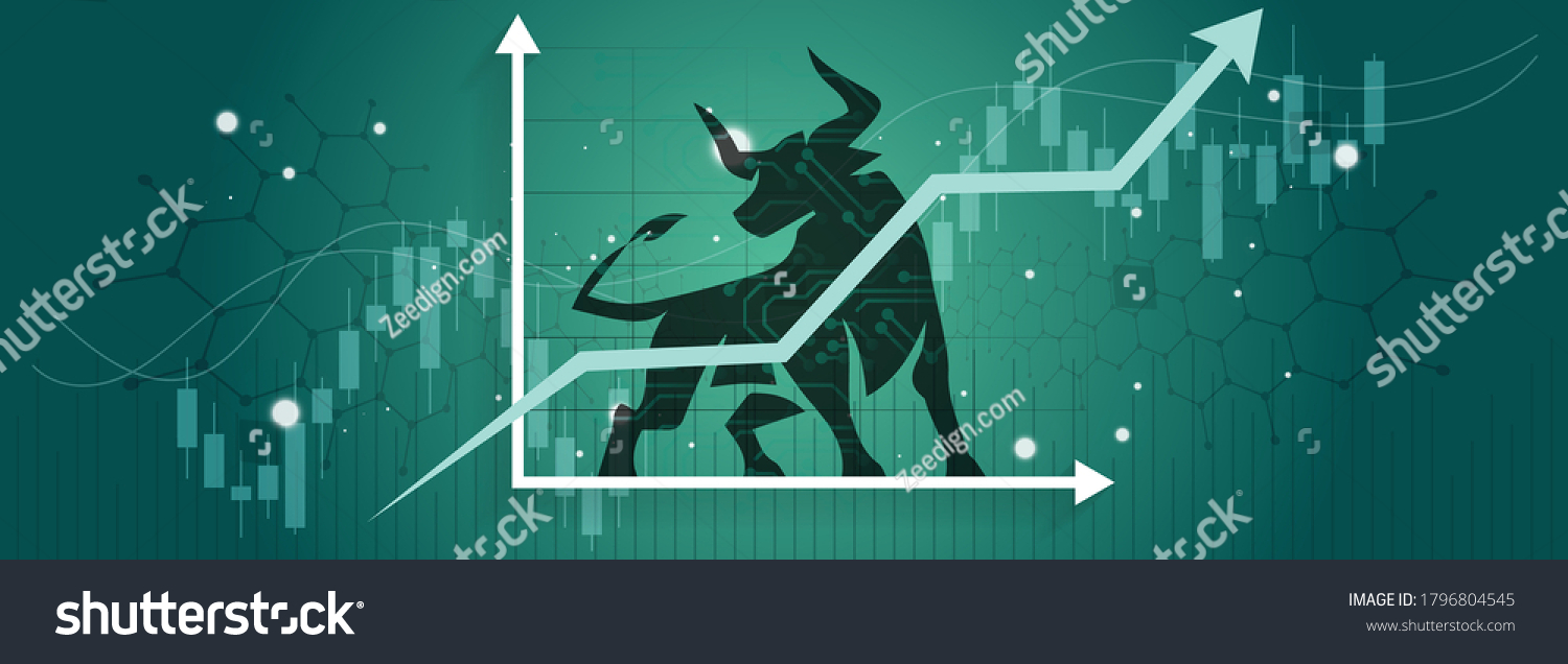 SVG of Bull run or bullish market trend in crypto currency or stocks. Trade exchange background, up arrow graph for increase in rates. Cryptocurrency price chart & blockchain technology. Global economy boom. svg