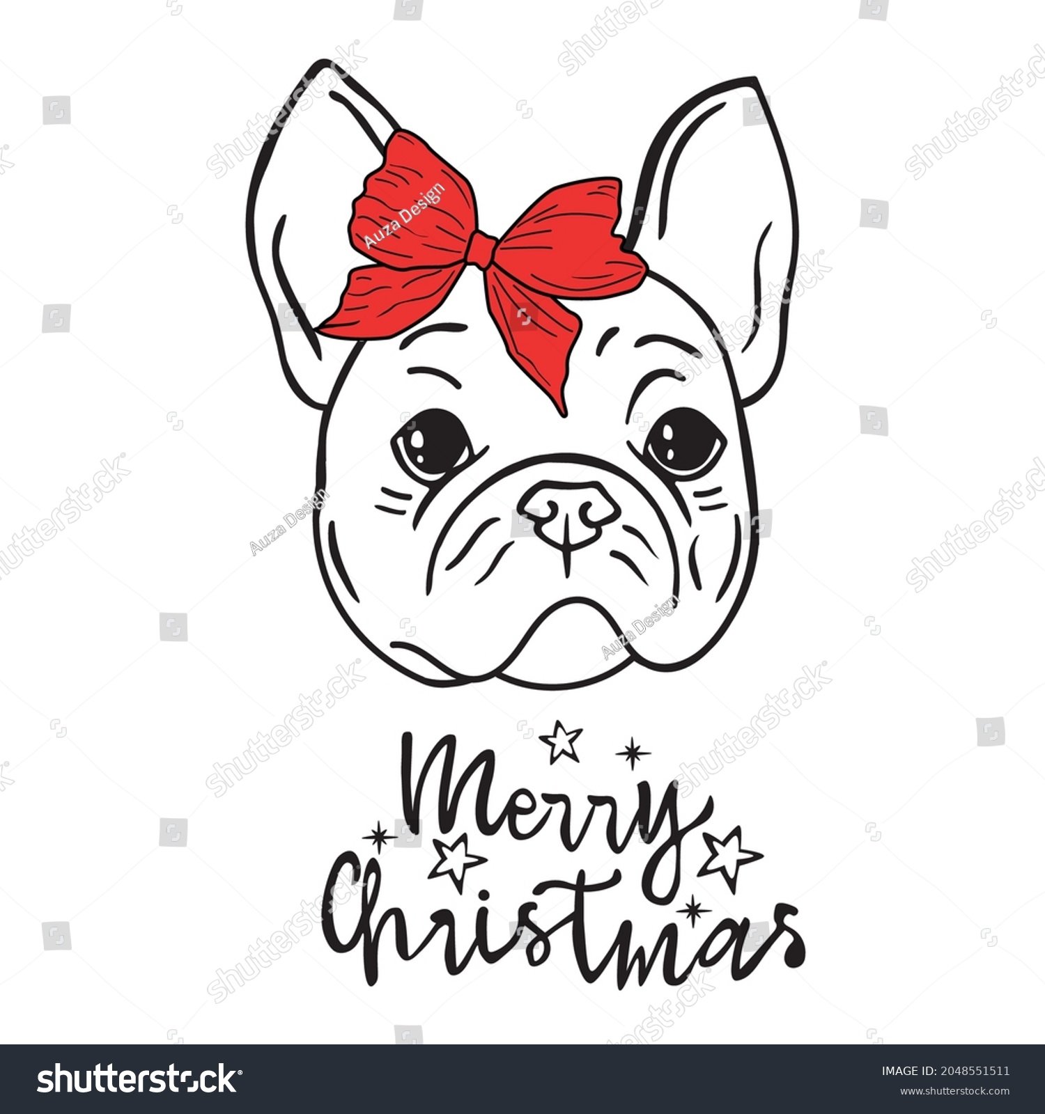 SVG of bulldog with a bow. christmas card. inscription merry christmas. svg