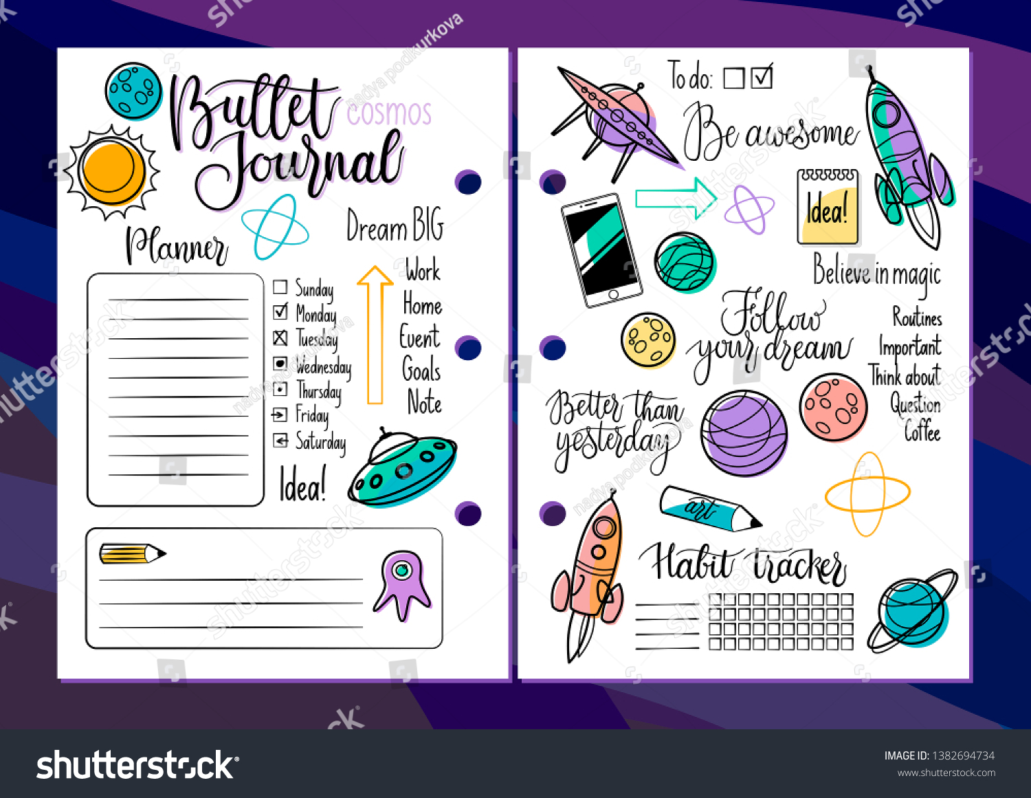 Bullet Journal Colored Set Planner Organiser Stock Vector