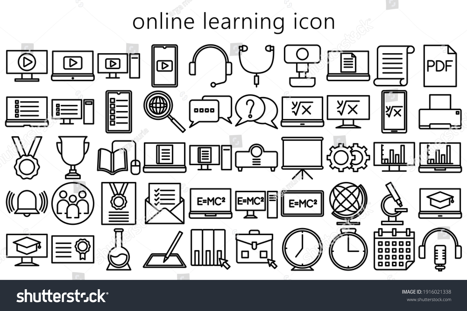 SVG of bundle of education online, Simple black bold outline icons set related to online learning. Symbols such as source programs, media equipment, ebook are included. vector EPS 10, ready convet to SVG svg