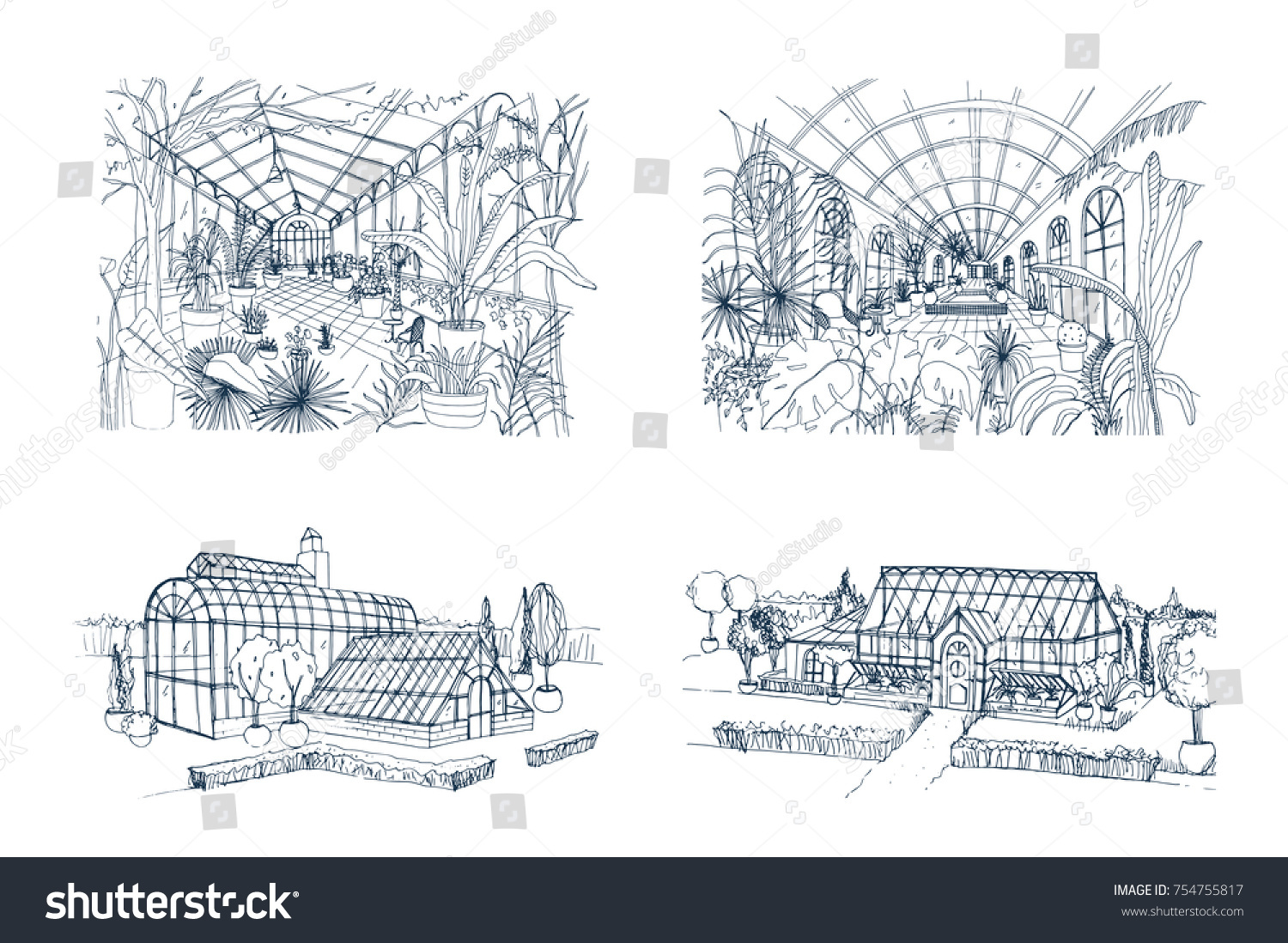 SVG of Bundle of freehand drawings of greenhouses full of jungle plants. Set of sketches of glasshouses with palm exotic trees growing in pots. Interior and exterior views. Monochrome vector illustration. svg