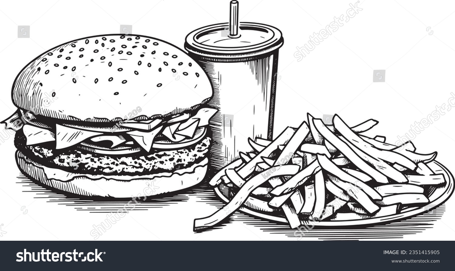 SVG of Burger and fries engraving style, Basic simple Minimalist vector SVG logo graphic, isolated on white background, children's coloring page, outline art, thick crisp lines, black and svg