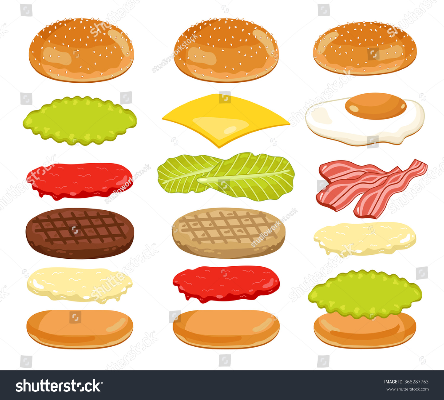 Burger Ingredients And Burger Buns Isolated On White Background. Vector ...