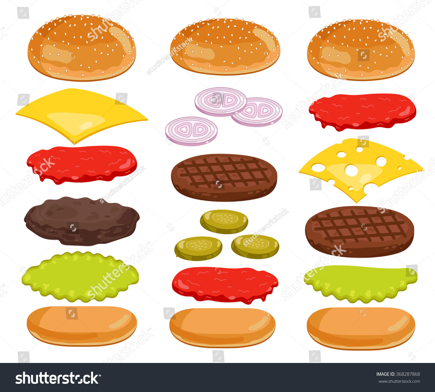 Burger Ingredients And Burger Buns Isolated On White Background. Vector ...