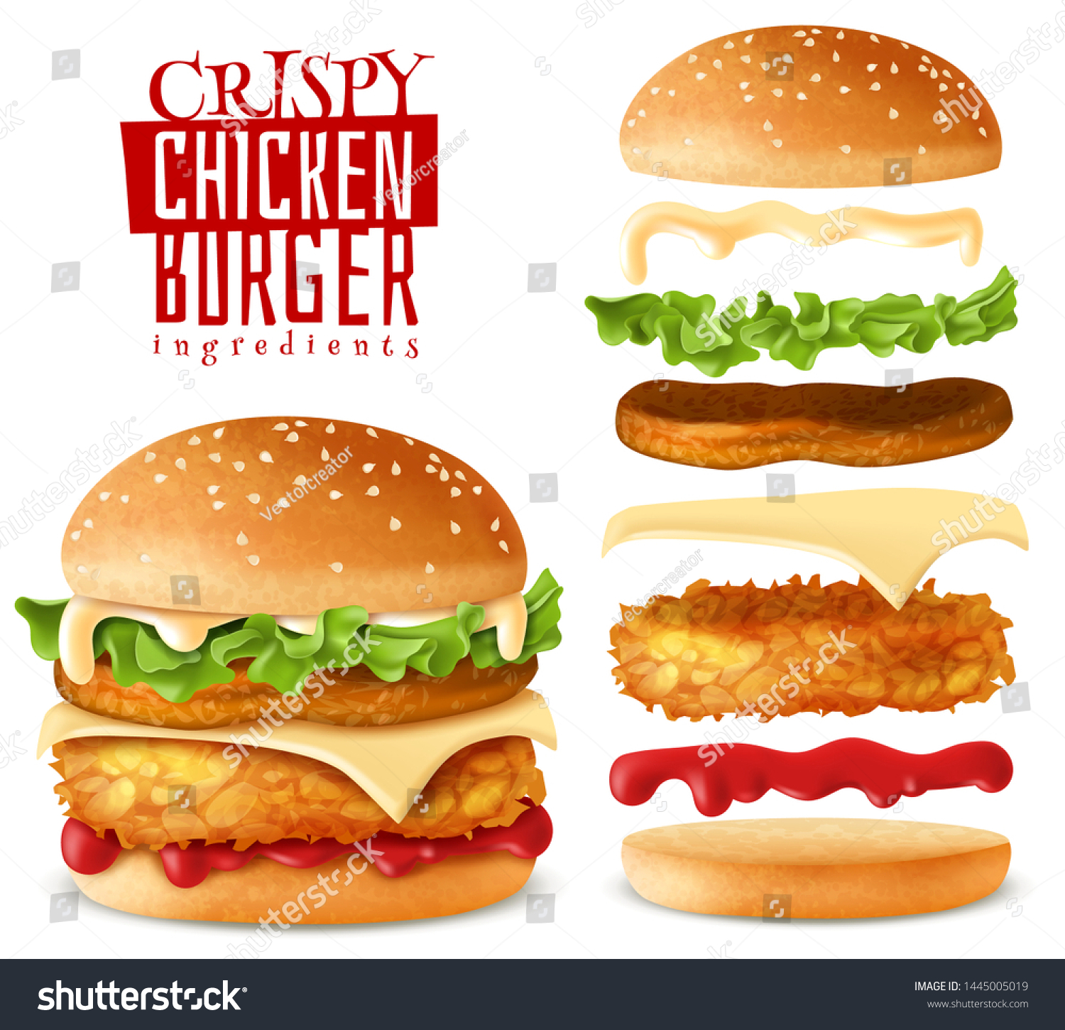 SVG of Burger maker constructor crispy chicken cutlet with isolated elements which are easy to change and move on white background with separate isolated ingredients. Vector svg