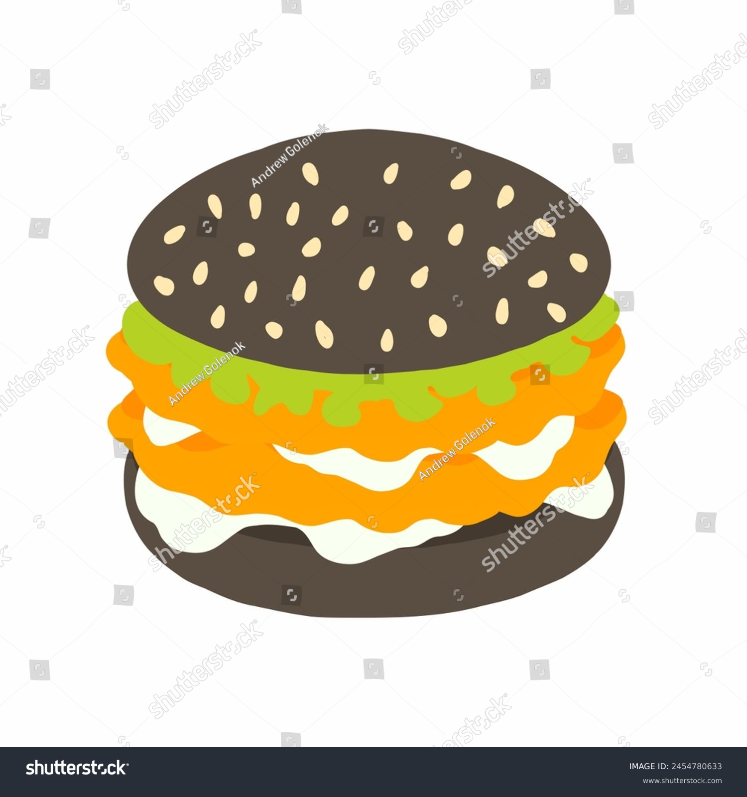 SVG of Burger with black bun, double chicken cutlets with sauce and fresh lettuce leaf icon in cartoon flat style. Vector illustration isolated on white background. For menu, poster, infographic, restaurant. svg