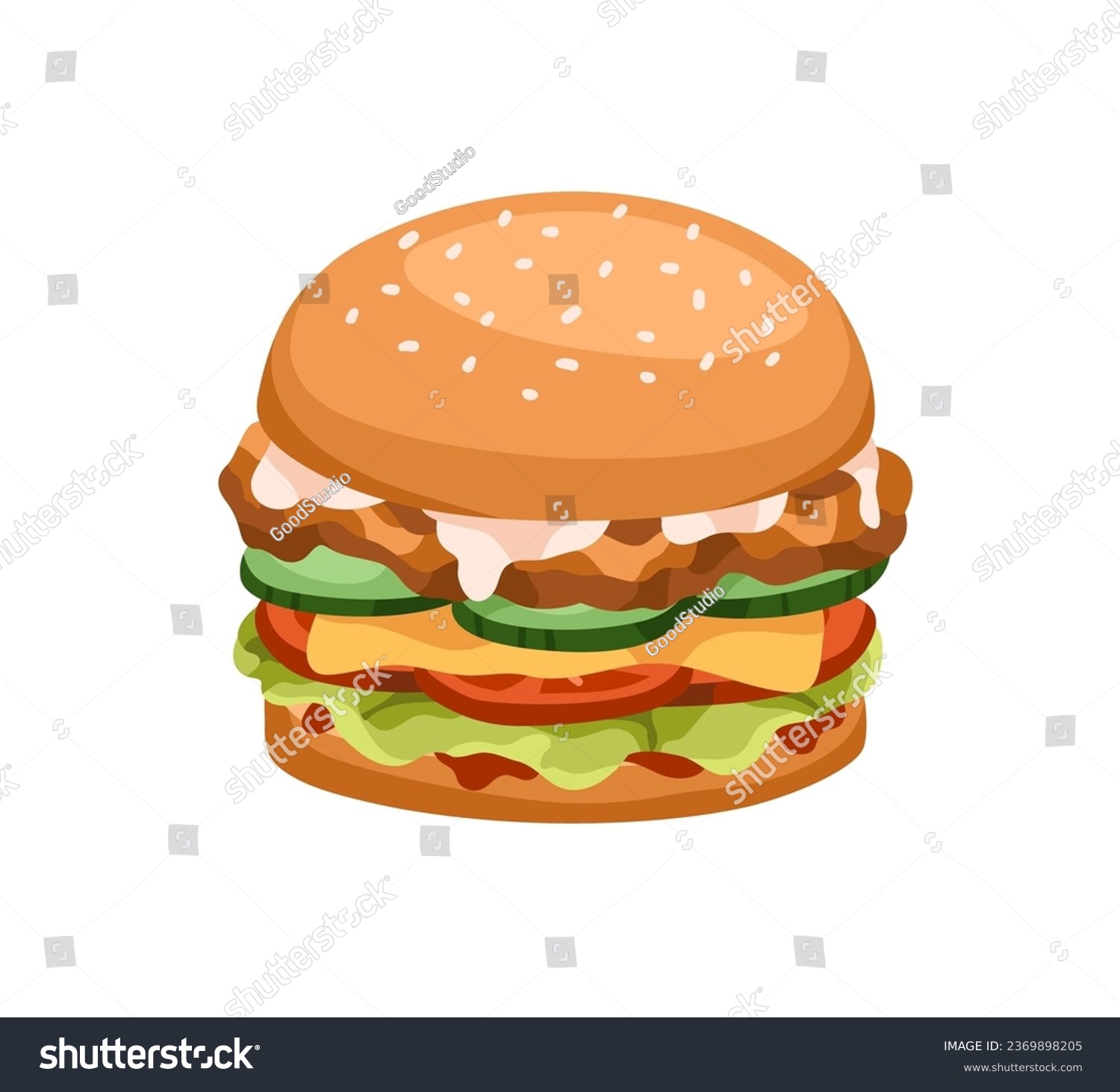 SVG of Burger with chicken cutlet, vegetables and cheese filling. American fast food. Sandwich with meat, bacon, cheddar, lettuce. Snack between buns. Flat vector illustration isolated on white background svg