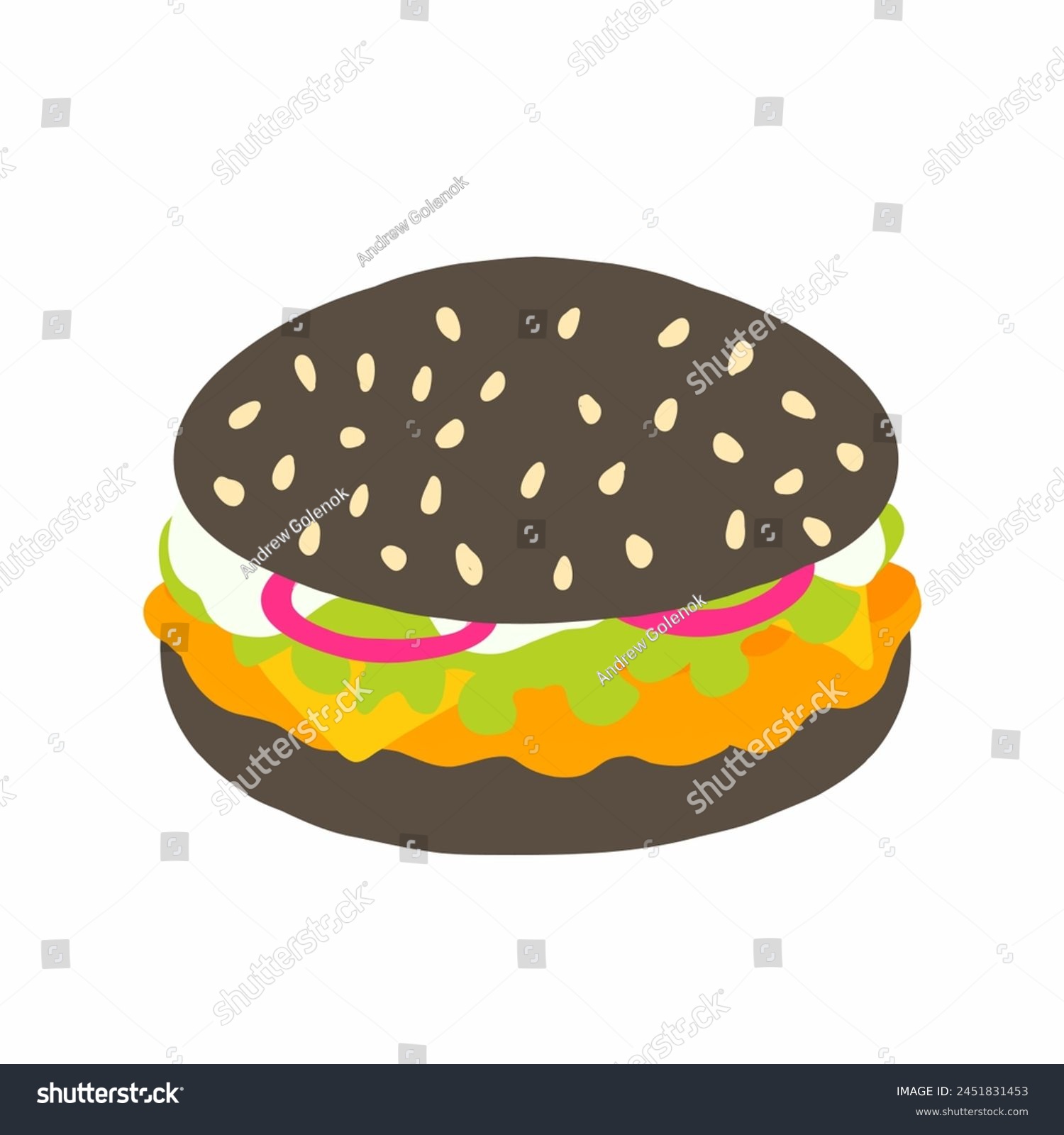 SVG of Burger with dark bun, chicken cutlet, lettuce leaf, sauce, bacon, cheese, onion. Flat icon in cartoon style. Vector illustration isolated on white background. For menu, poster, infographic, restaurant svg