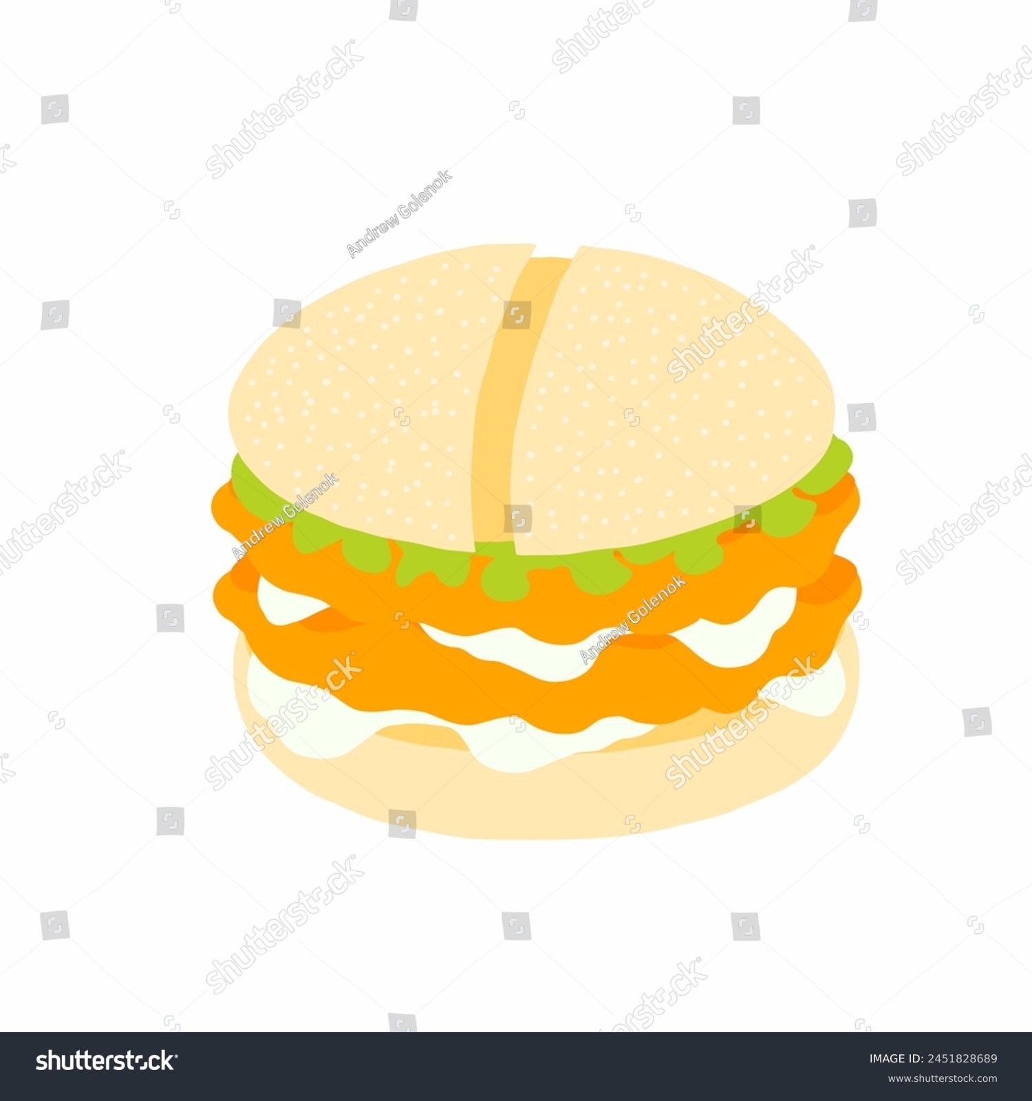 SVG of Burger with wheat bun, double chicken cutlets with sauce and fresh lettuce leaf icon in cartoon flat style. Vector illustration isolated on white background. For menu, poster, infographic, restaurant. svg