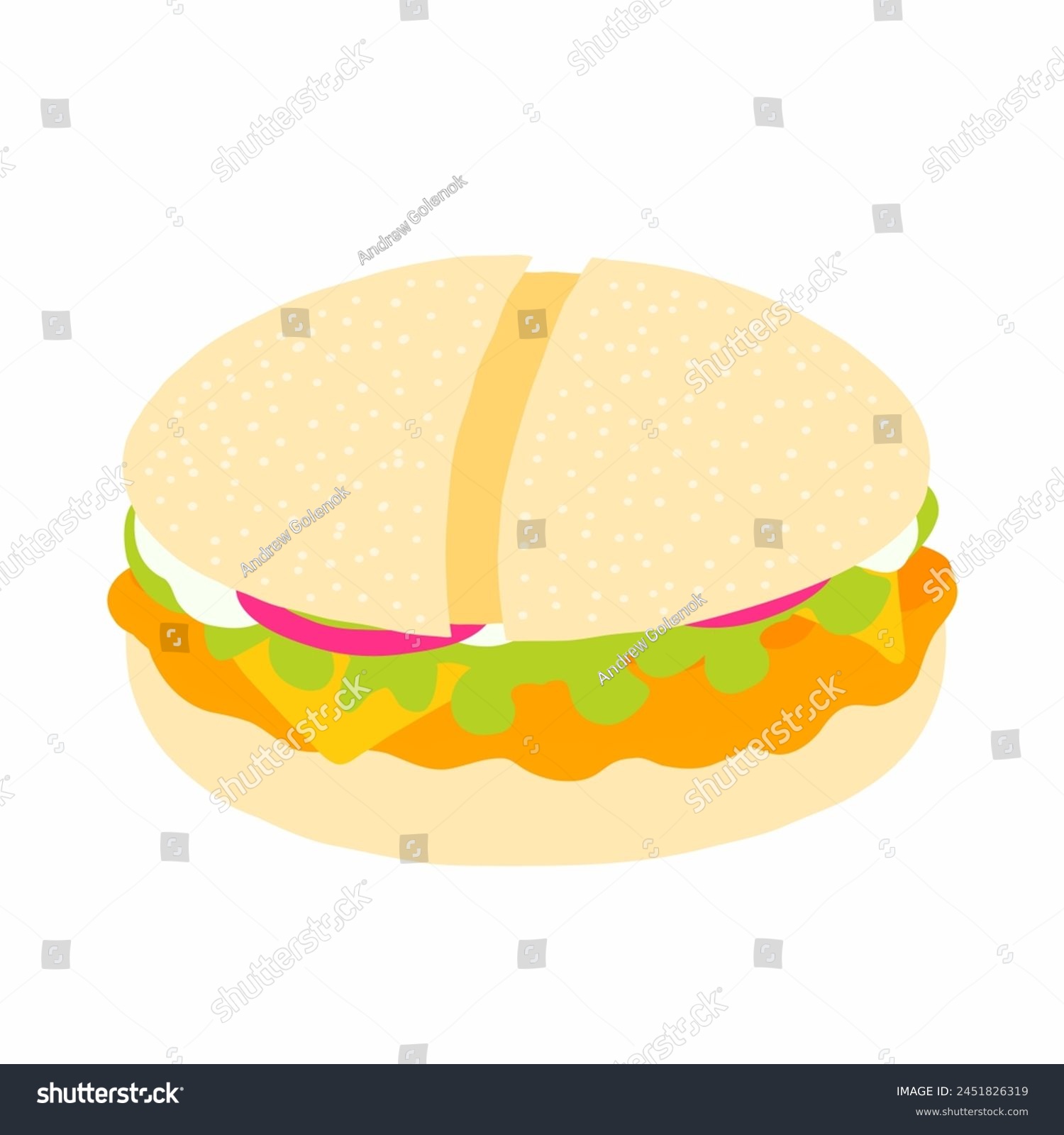 SVG of Burger with wheat panini bun, chicken cutlet, cheese, salad, onion and sauce icon in cartoon flat style. Vector illustration isolated on white background. For menu, poster, infographic, restaurant. svg