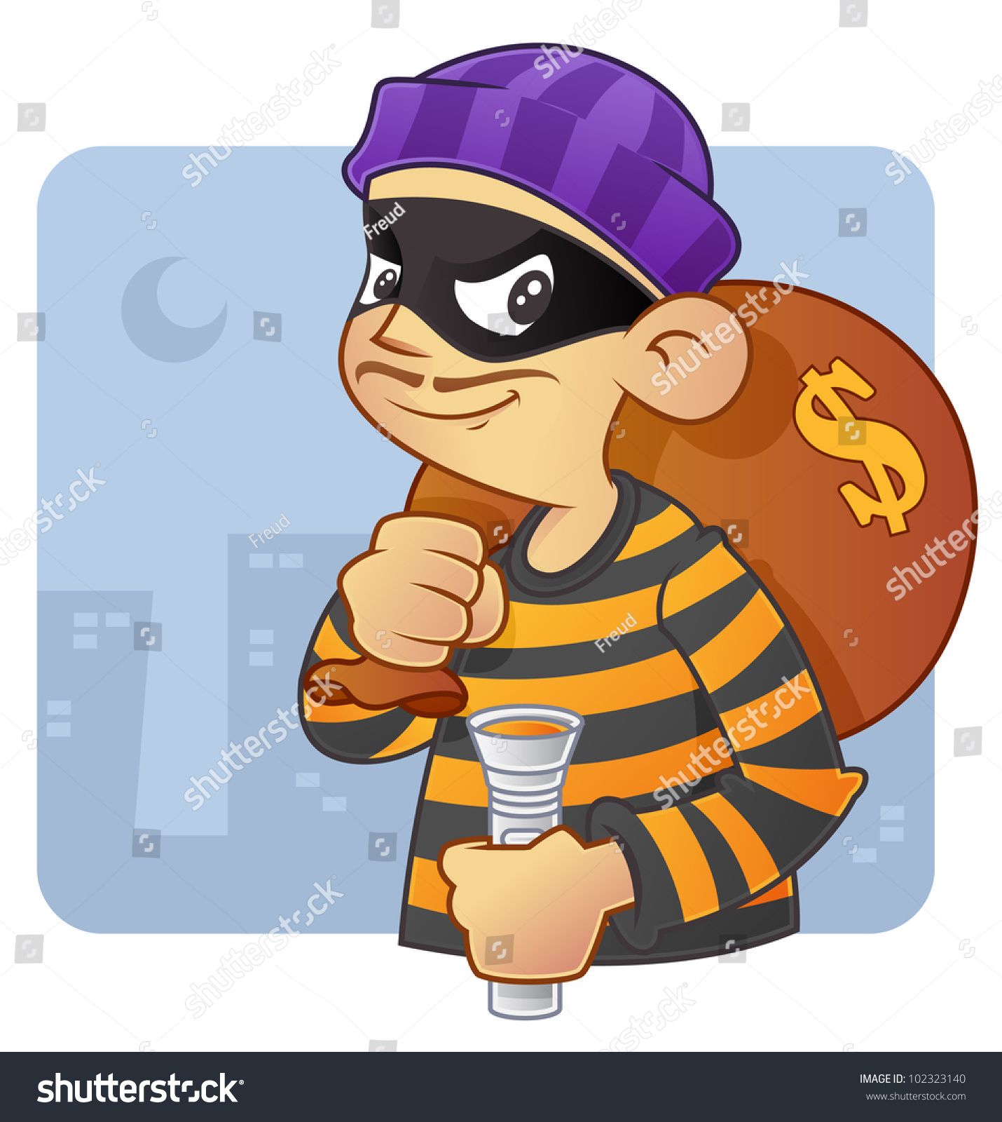 SVG of burglar cartoon character in action,  with bag of money and flash light. svg