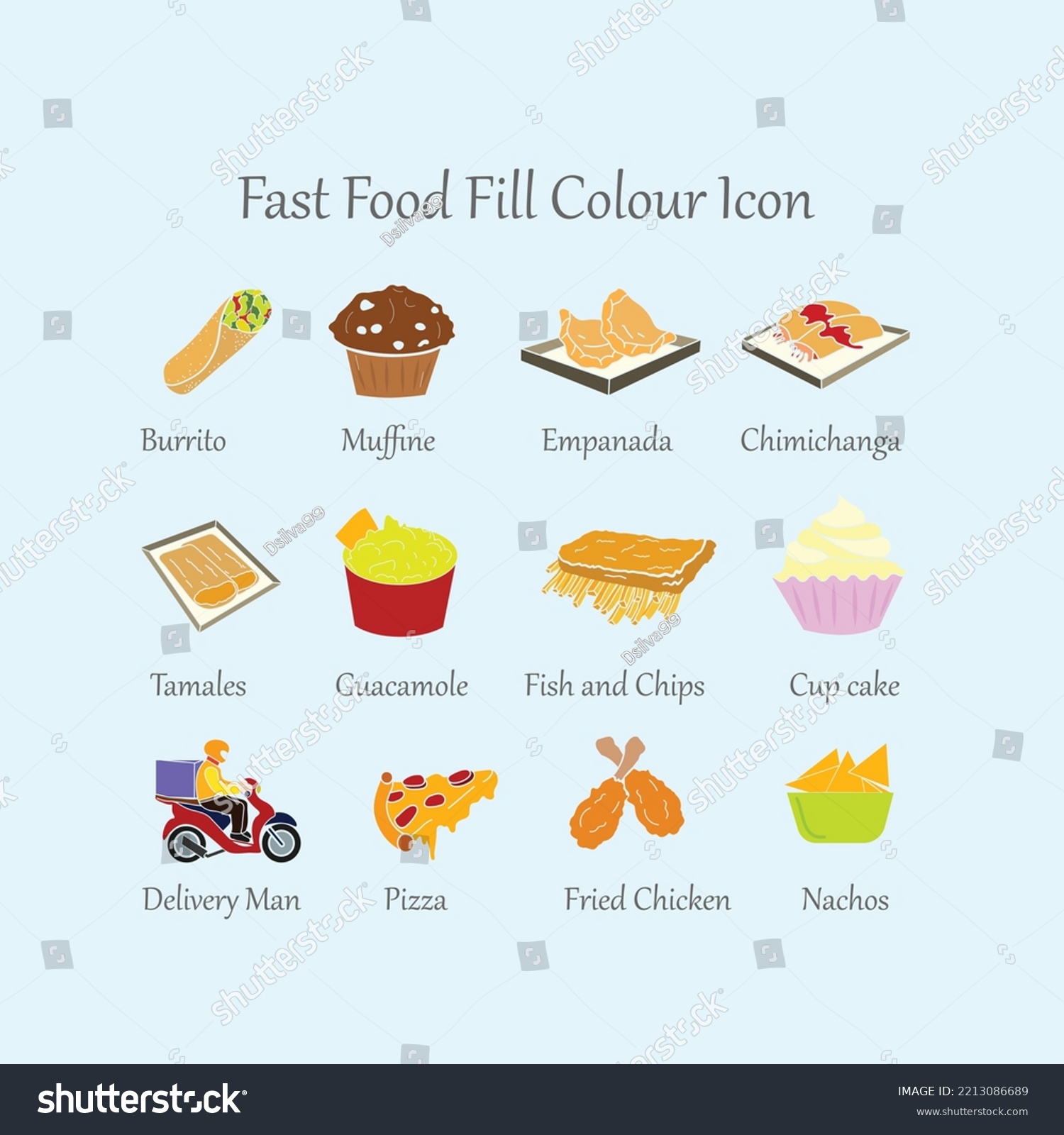 SVG of Burrito, Muffin, Empanada, Chimichanga, Tamales, Guacamole, fish and Chips, Cup cake, Delivery Man, Pizza, Fried Chicken, Nachos Fast food Fill Color isolated icon and set svg