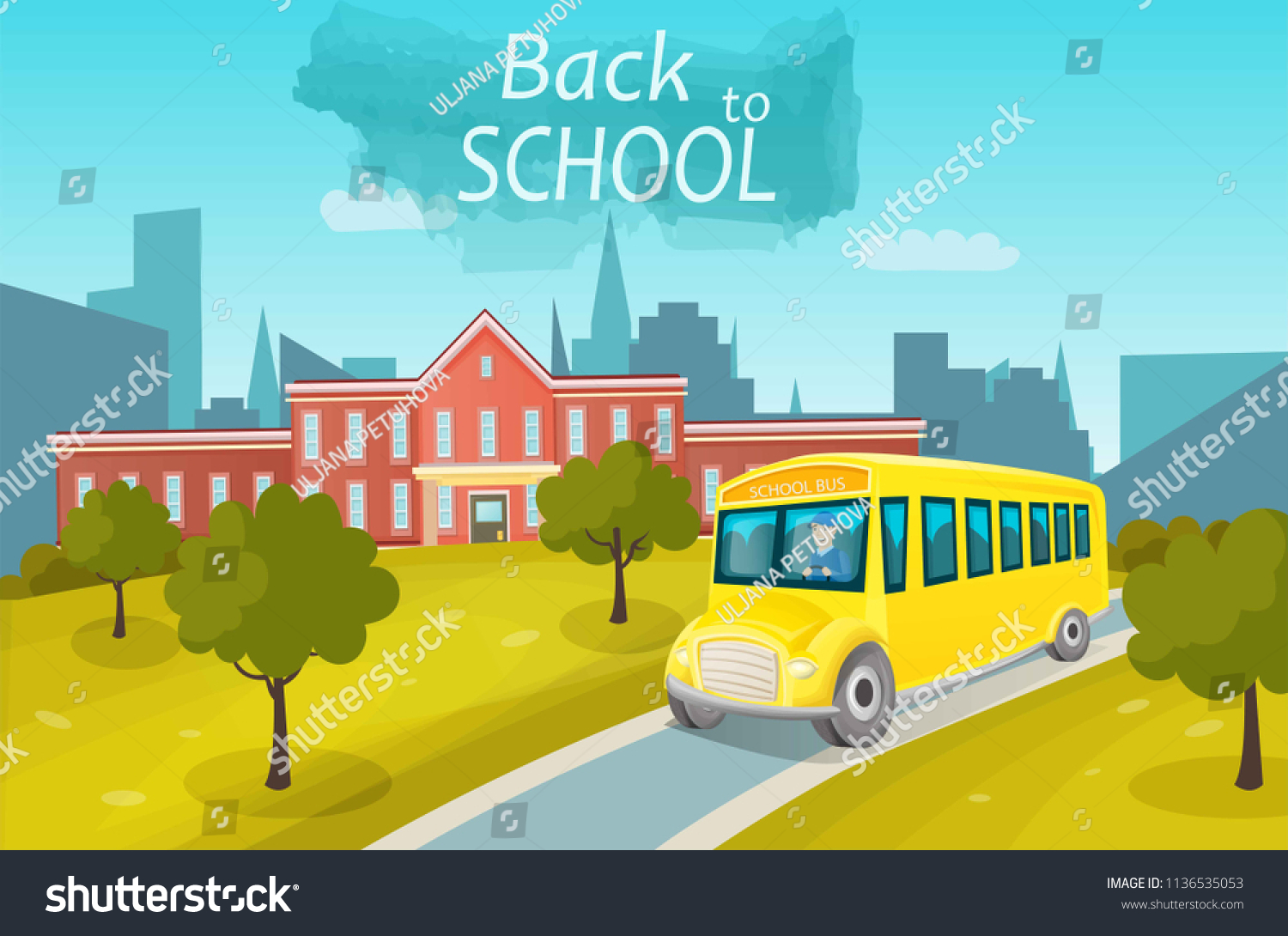 Bus Children Going School Grass Landscape Stock Vector (Royalty Free ...