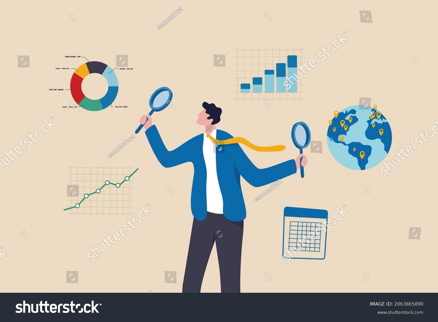 SVG of Business analysis, calculate or research for market growth, financial report, investment data or sale information concept, smart businessman analyst holding magnifying glass analyze graph and chart. svg