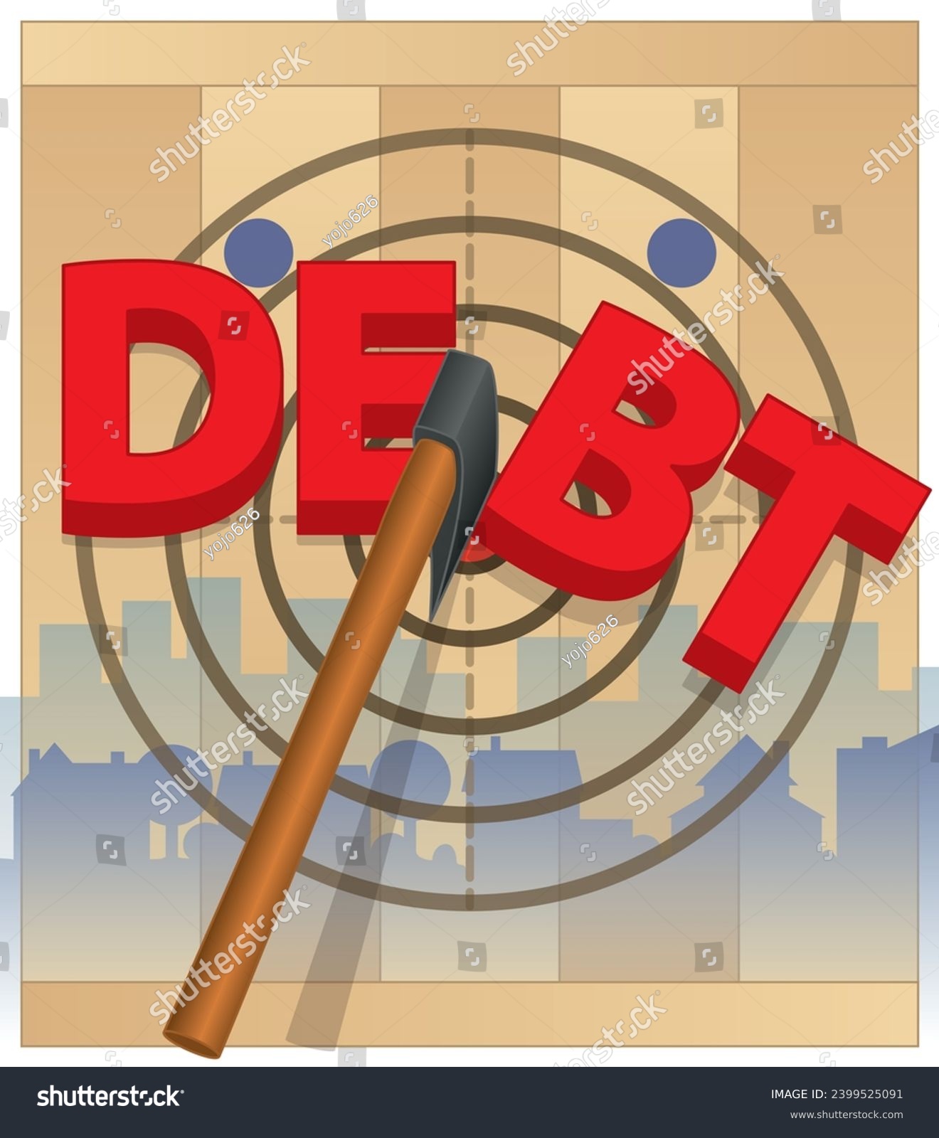 SVG of business, axe throwing, axe cutting in half personal household debt on target with houses in silhouette svg