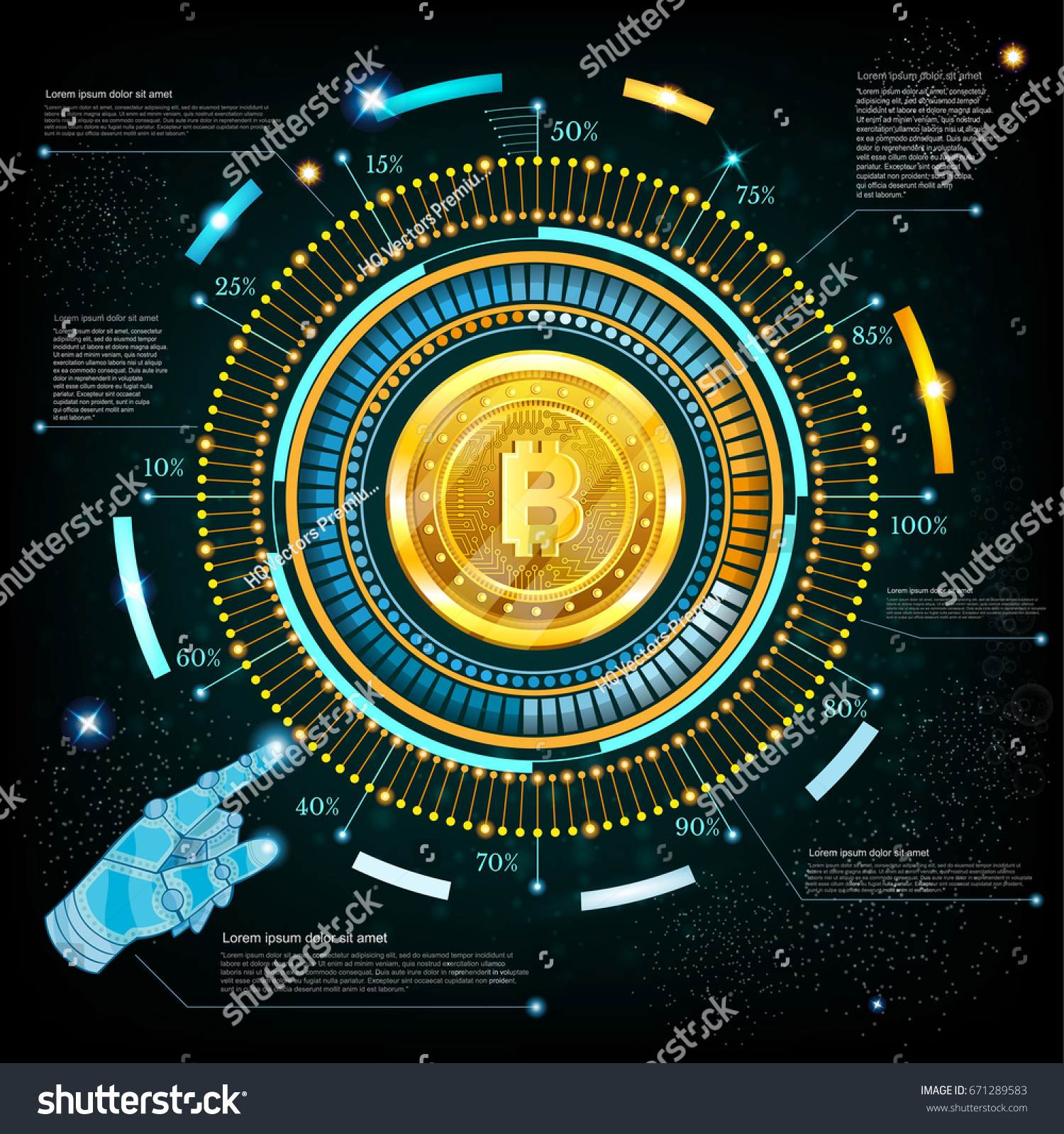 SVG of Business background with golden bit coin in center of round high tech futuristic info graphic svg